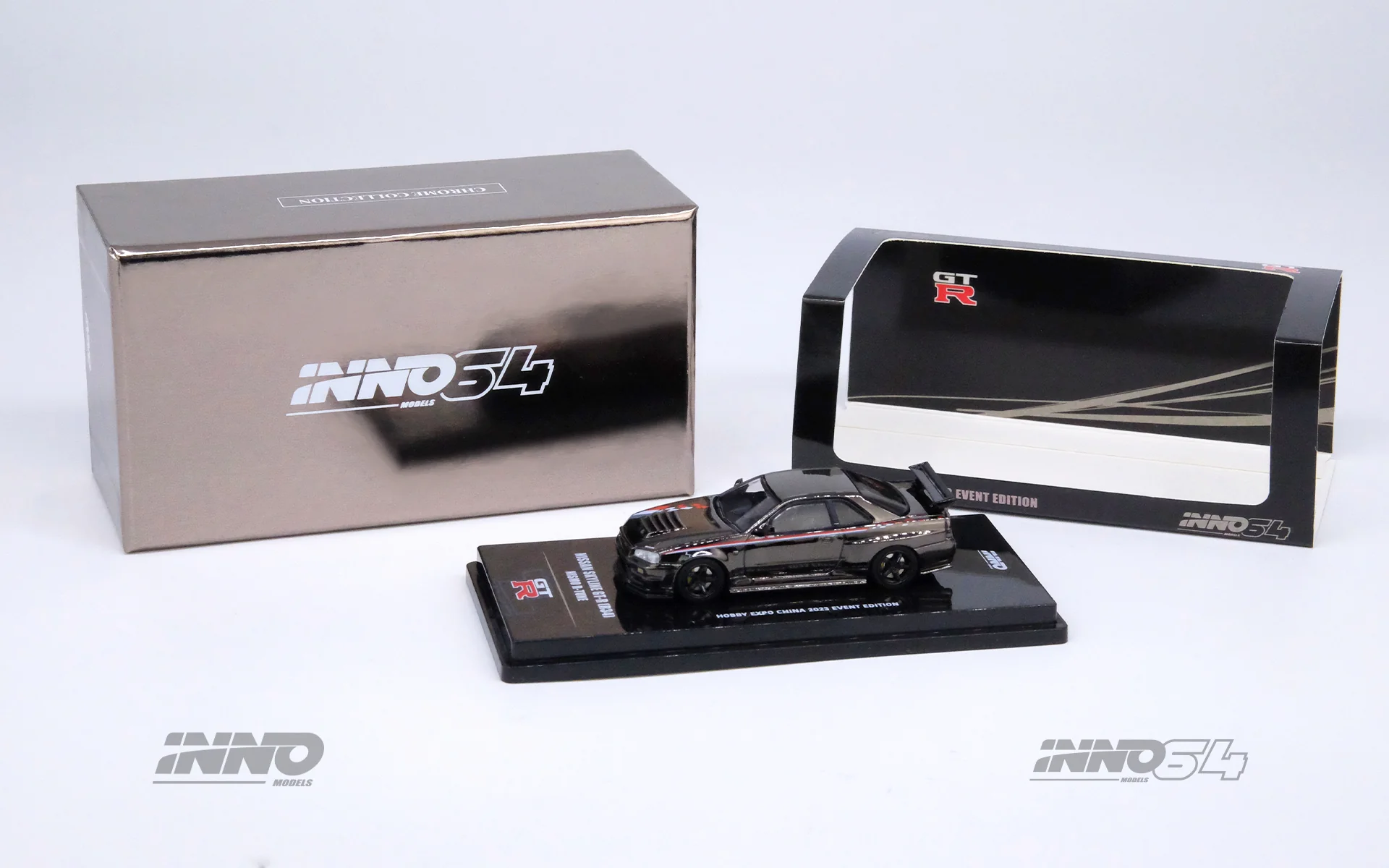 INNO64 1/64 NISSAN SKYLINE GT-R (R34) NISMO R-Tune Black Chrome Hobby Expo China 2023 Event Edition IN64-R34RT-BCH - Image 3