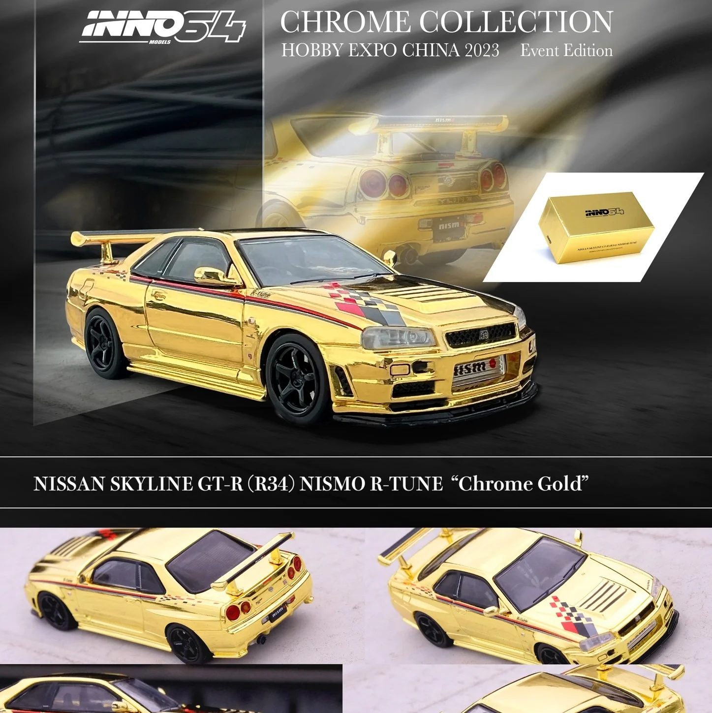 INNO64 1/64 NISSAN SKYLINE GT-R (R34) NISMO R-Tune Gold Chrome Hobby Expo China 2023 Event Edition IN64-R34RT-GCH - Image 2