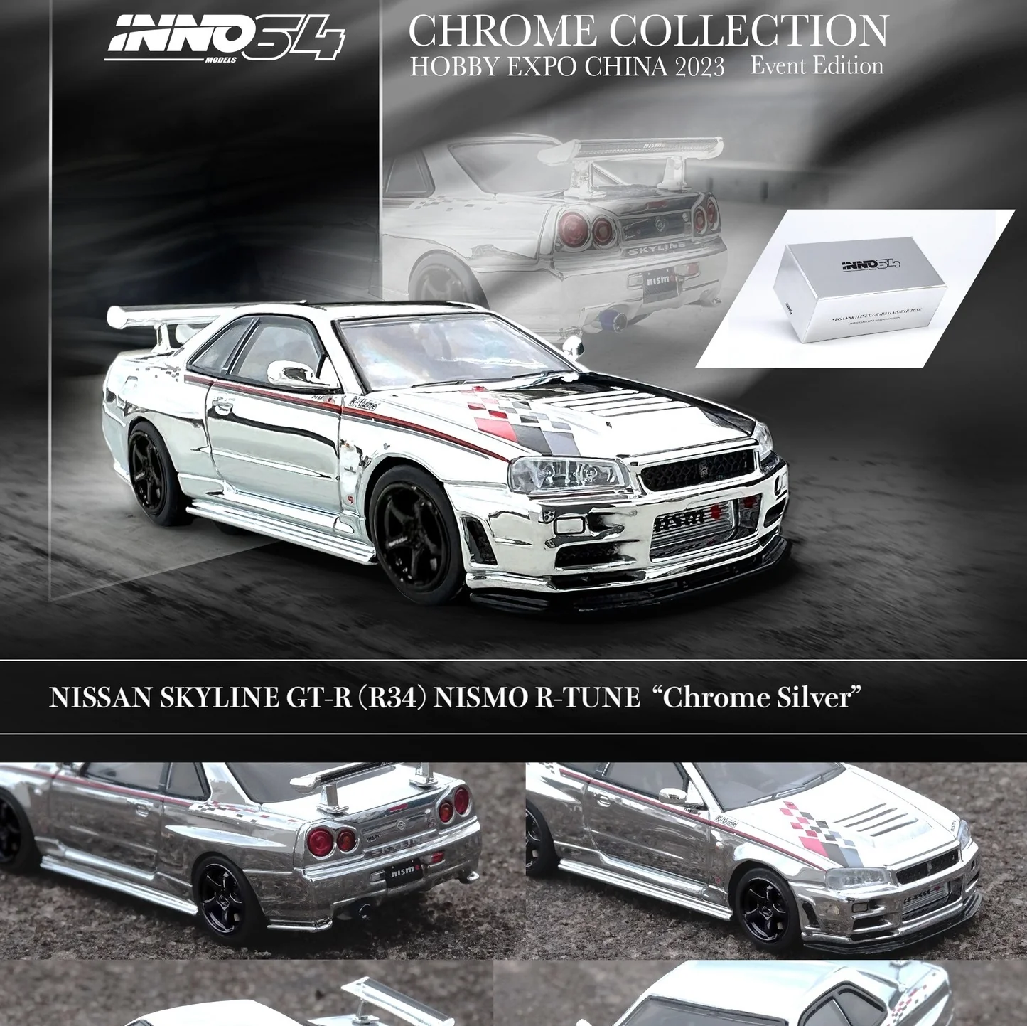 INNO64 1/64 NISSAN SKYLINE GT-R (R34) NISMO R-Tune Silver Chrome Hobby Expo China 2023 Event Edition IN64-R34RT-SCH - Image 2