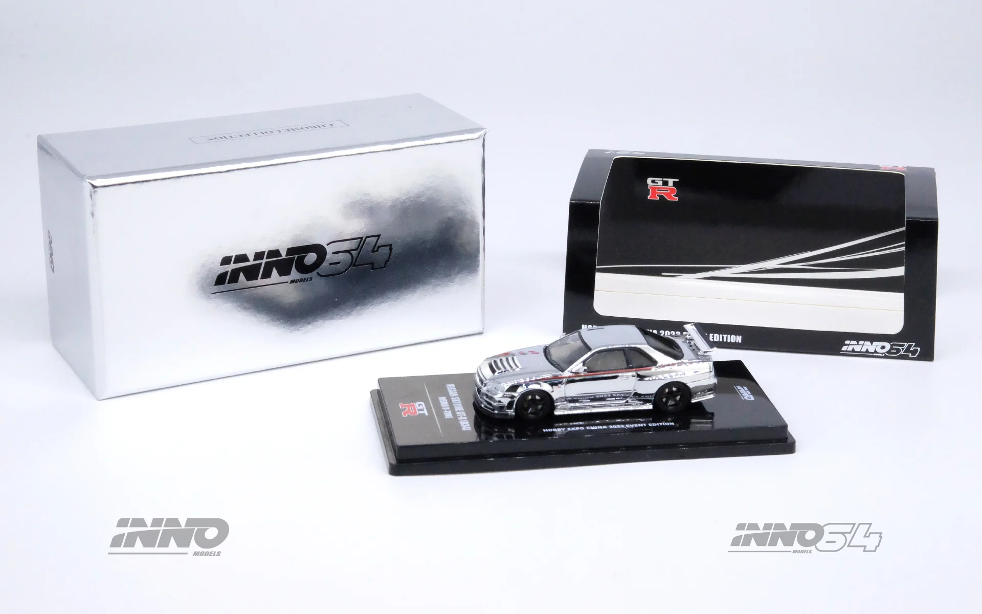 INNO64 1/64 NISSAN SKYLINE GT-R (R34) NISMO R-Tune Silver Chrome Hobby Expo China 2023 Event Edition IN64-R34RT-SCH - Image 3