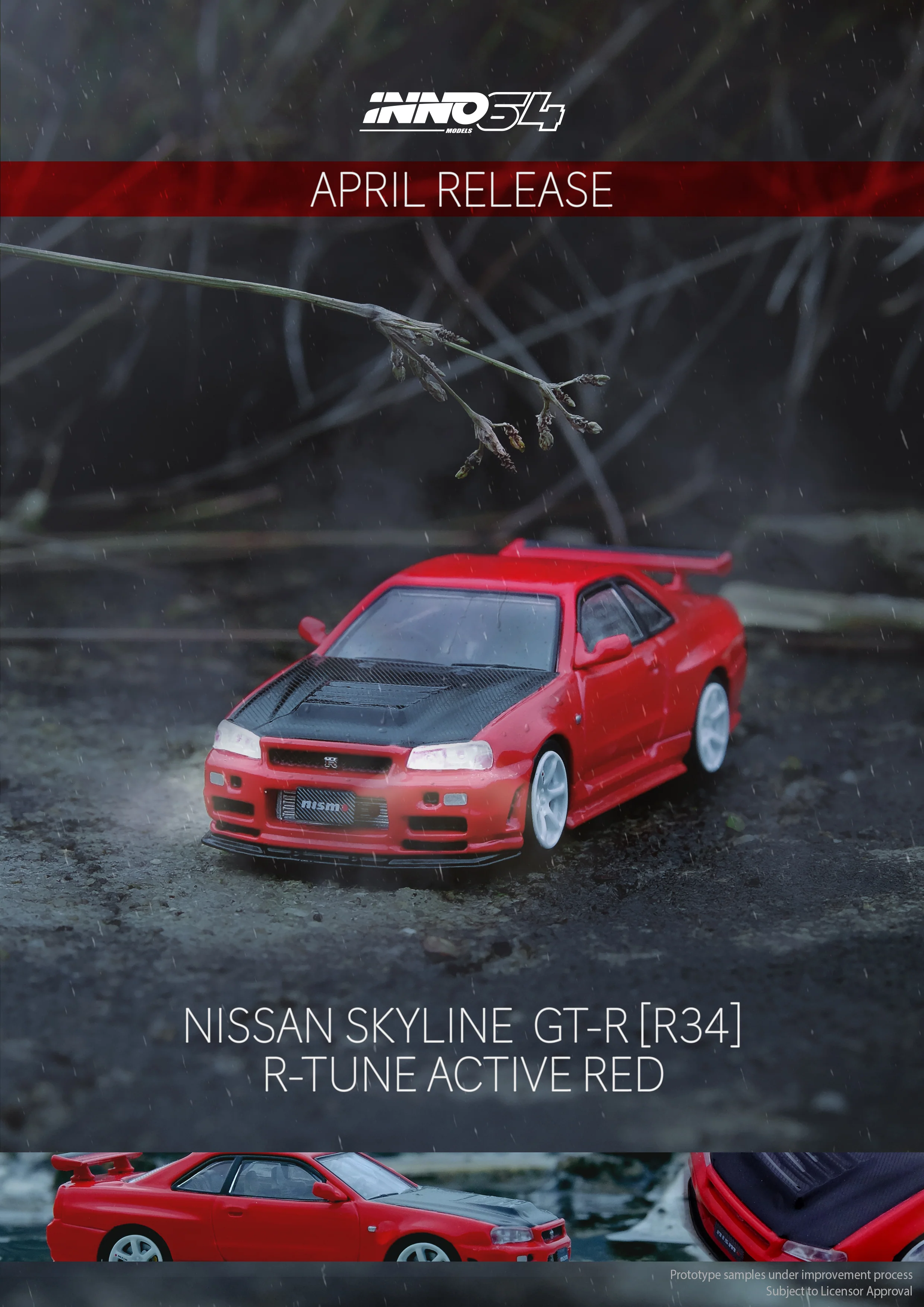 INNO64 1/64 NISSAN SKYLINE GT-R R34 R-TUNE Active Red With Carbon Bonnet IN64-R34RT-ARED - Image 2