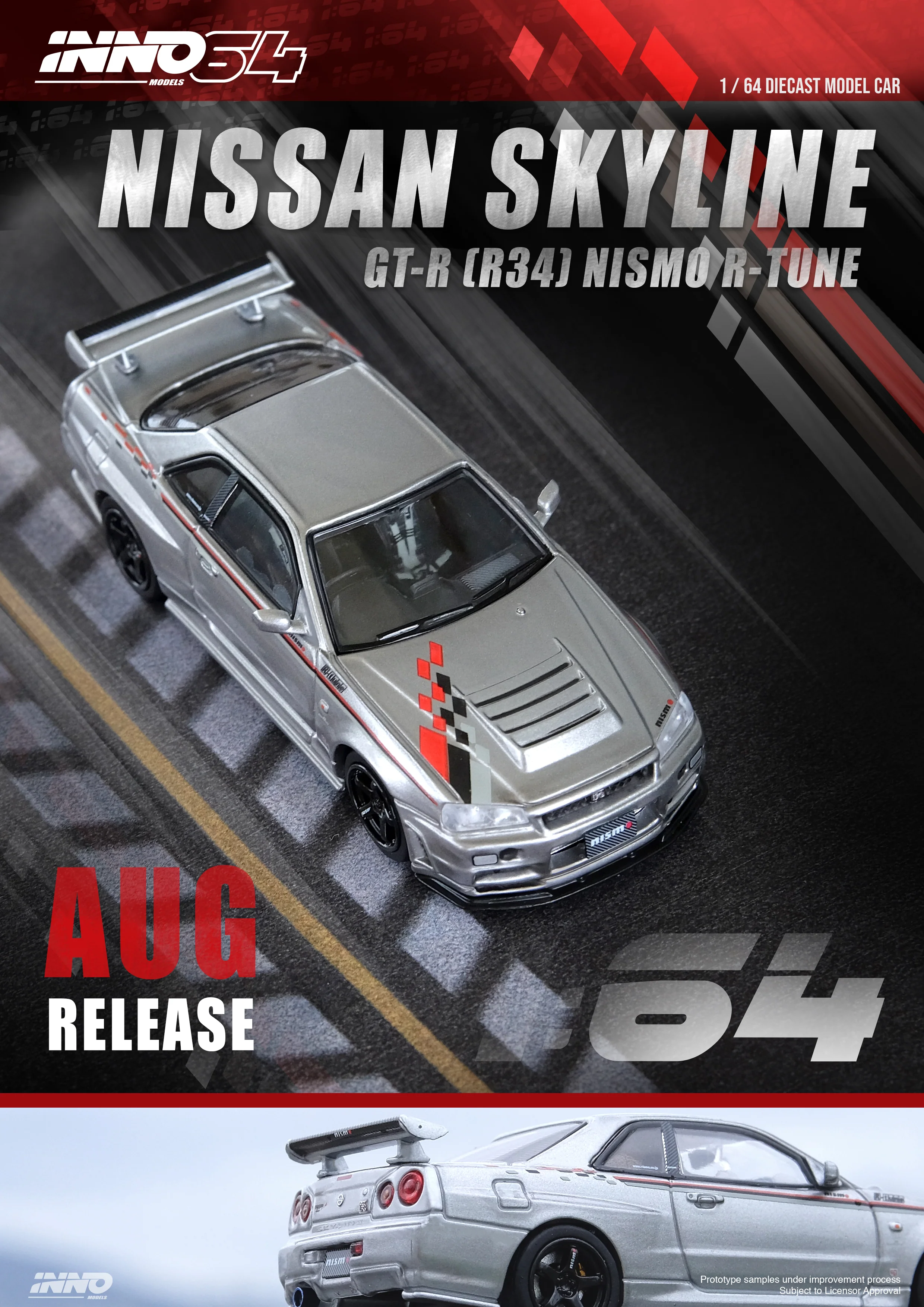 INNO64 1/64 NISSAN SKYLINE GT-R R34 R-TUNE Silver IN64-R34RT-SIL - Image 3