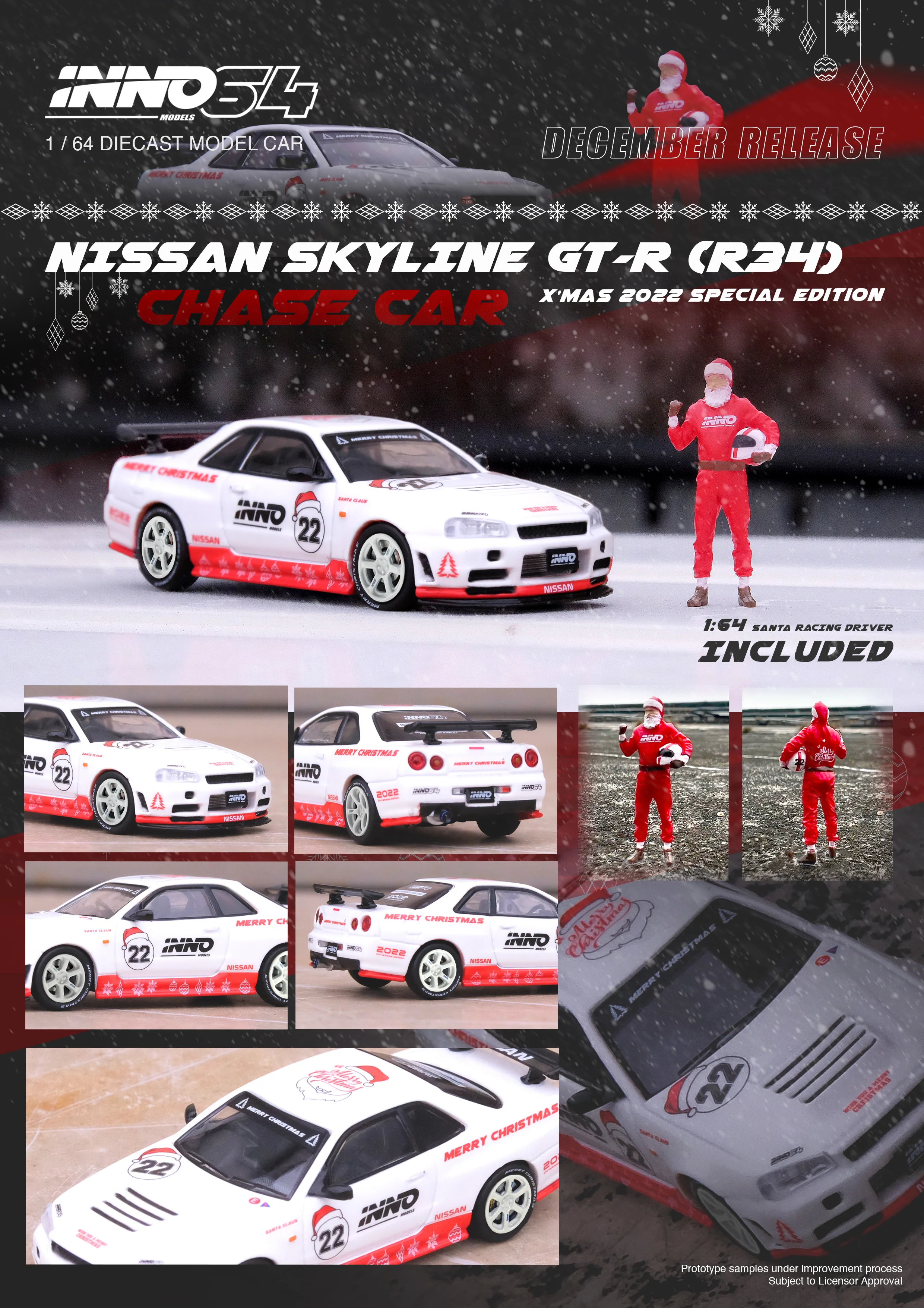 INNO64 1/64 NISSAN SKYLINE GT-R R34 "X'MAS 22" Special Edition With Santa Claus Figure included IN64-R34RT-XMAS22 - Image 2