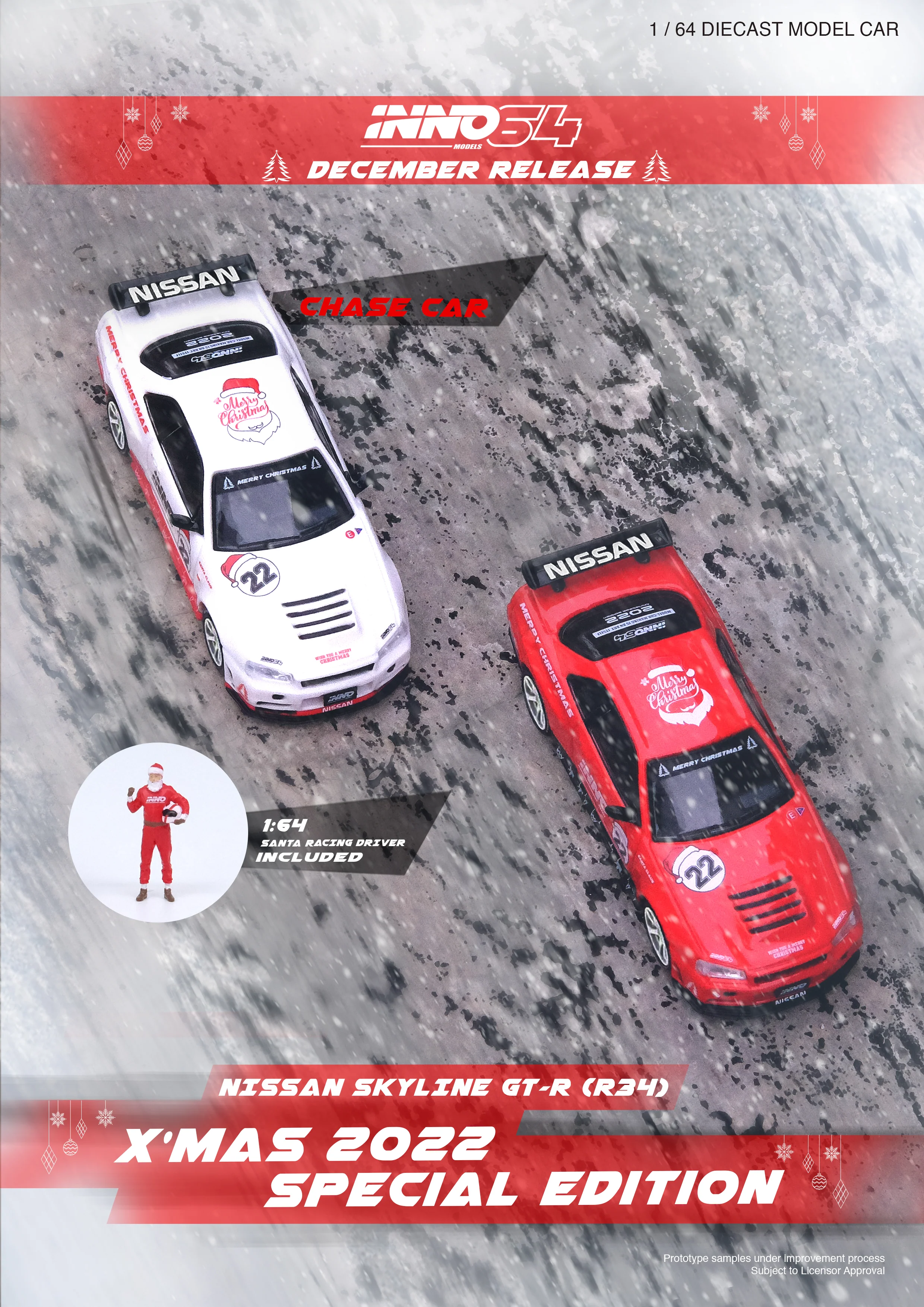 INNO64 1/64 NISSAN SKYLINE GT-R R34 "X'MAS 22" Special Edition With Santa Claus Figure included IN64-R34RT-XMAS22 - Image 3