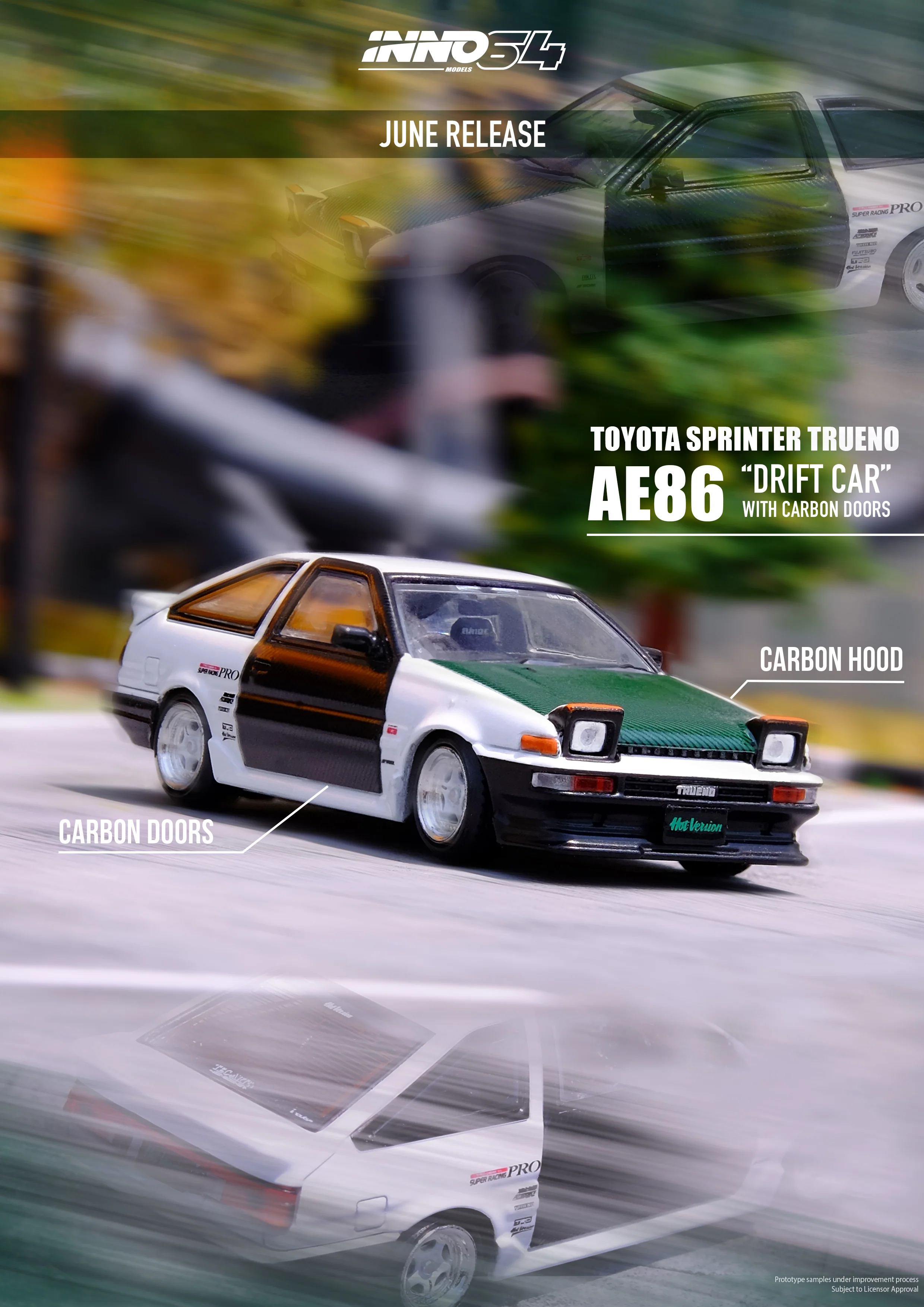 INNO64 1/64 TOYOTA SPRINTER TRUENO AE86 "Drift Car" With Carbon doors IN64-AE86T-TK - Image 2