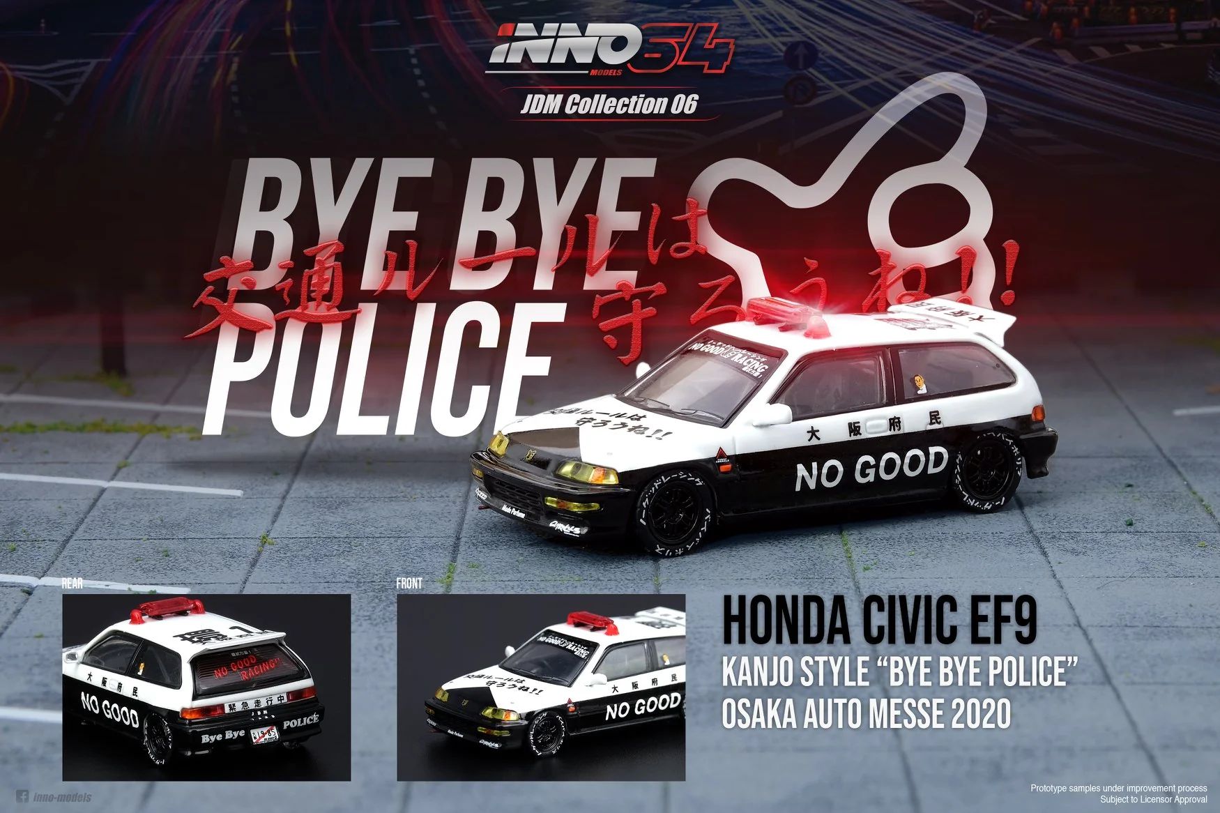 INNO64 1/64 JDM Collection 06 HONDA CIVIC EF9 Kanjo Style "BYE BYE POLICE" Osaka Auto Messe 2020 IN64-EF9-JDM06 - Image 6