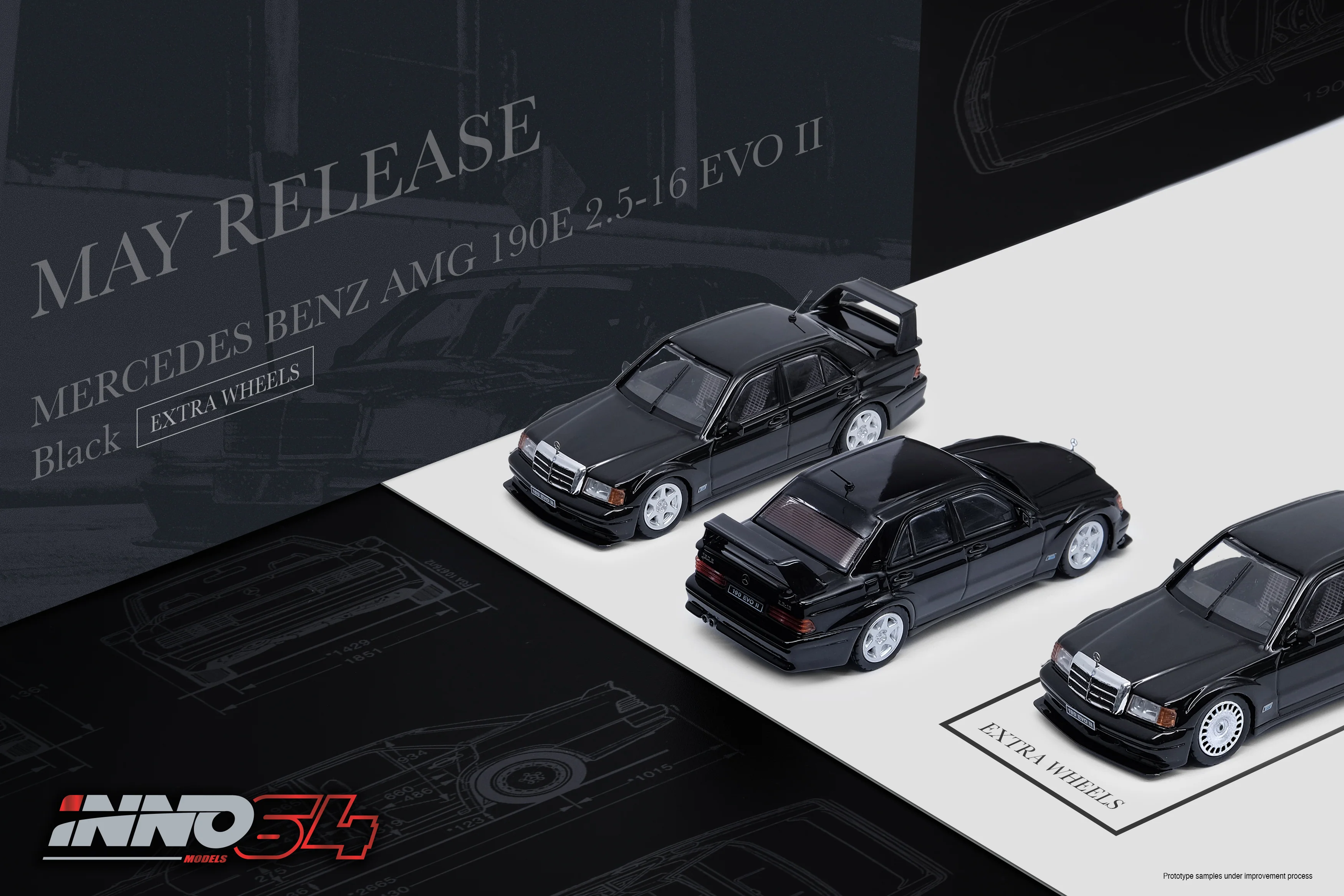 INNO64 MERCEDES-BENZ 190E 2.5-16 EVO II Black With Extra Wheels IN64-190E-BLA - Image 6