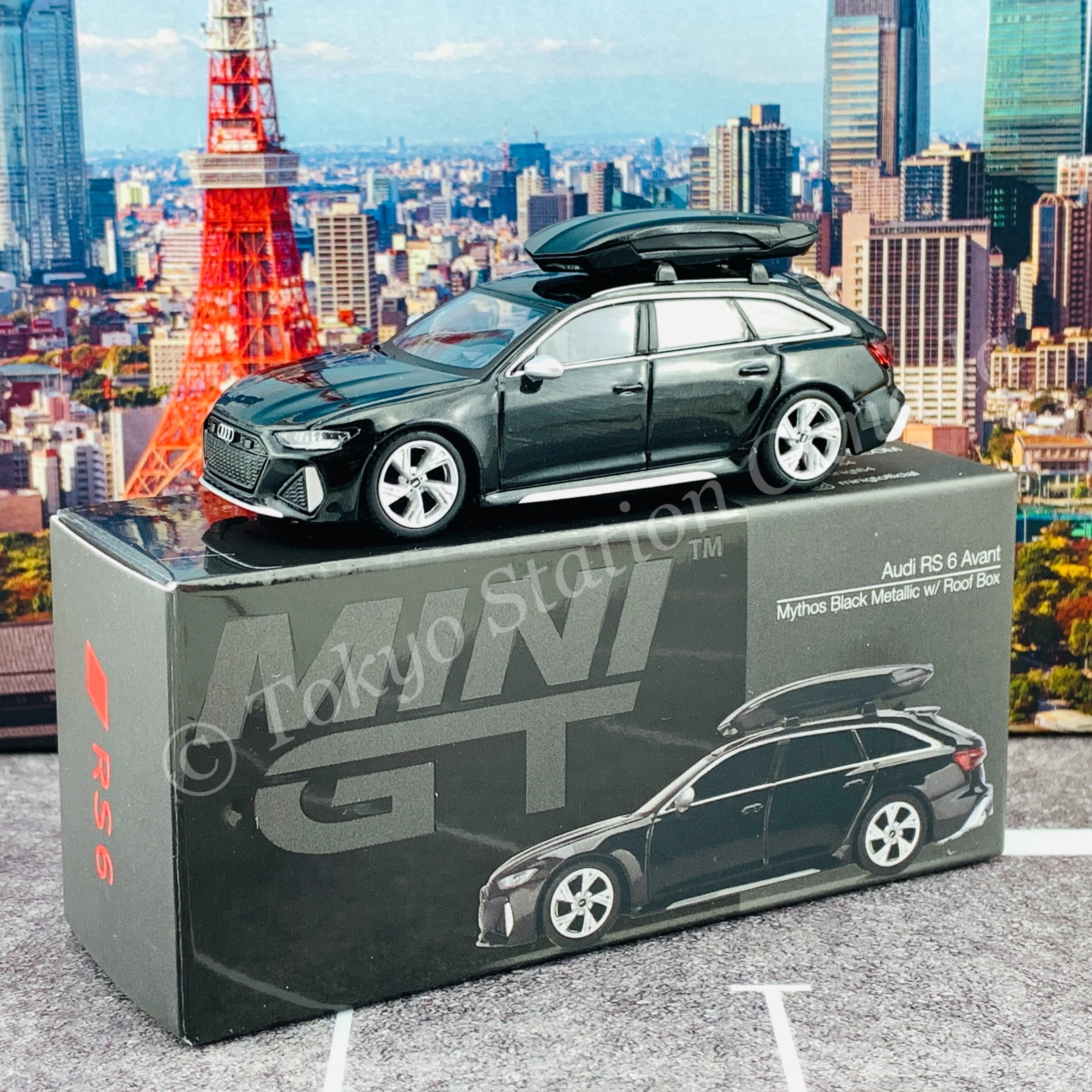 MINI GT 1/64 Audi RS 6 Avant Mythos Black Metallic w/ Roof Box LHD MGT00257-L