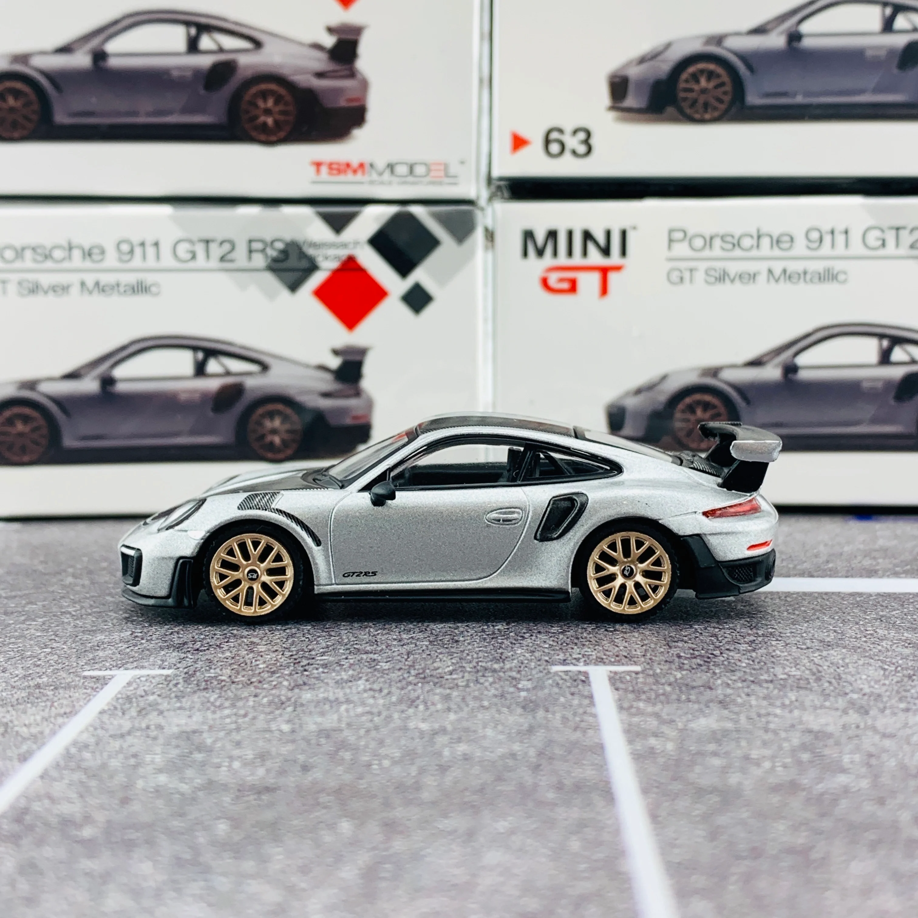 MINI GT 1/64 Porsche 911 Turbo GT2 RS GT Weissach Package Silver Metallic RHD MGT00063-R - Image 2