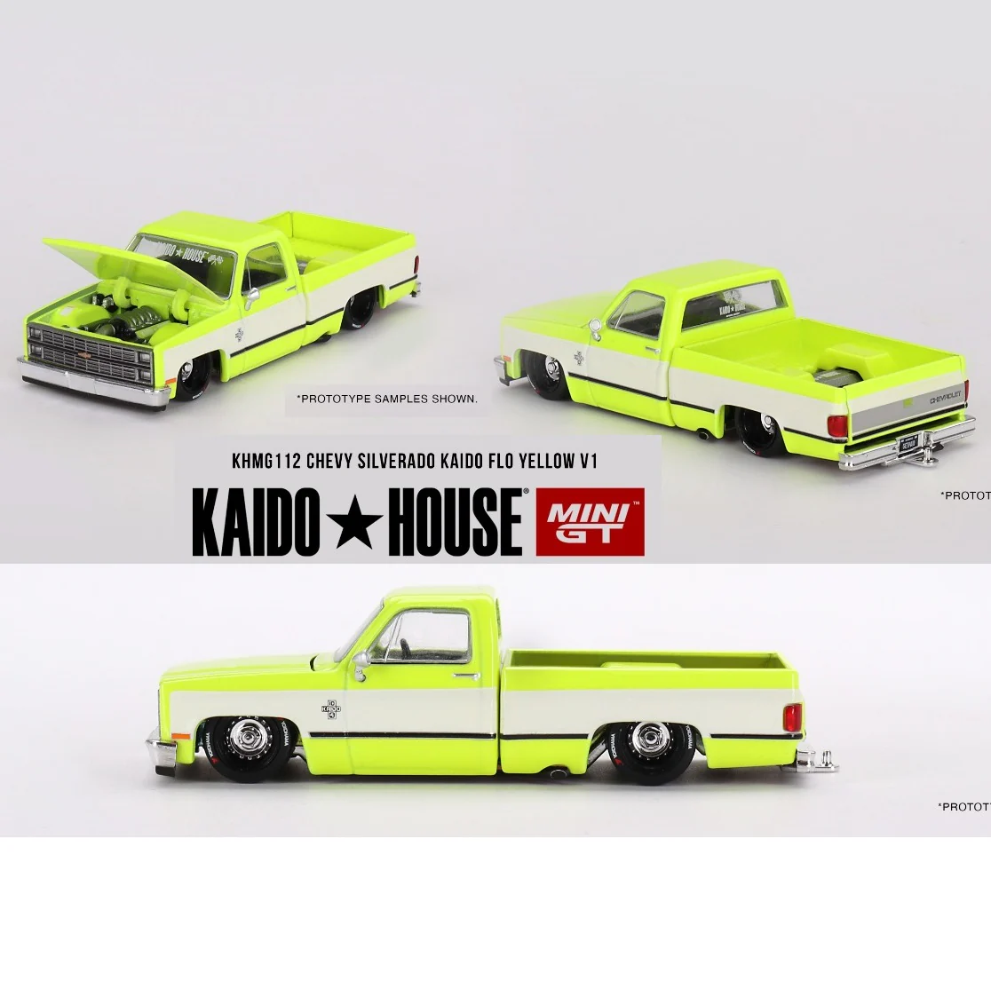 MINI GT x Kaido House 1/64 Chevrolet Silverado KAIDO Flo Yellow V1 KHMG112