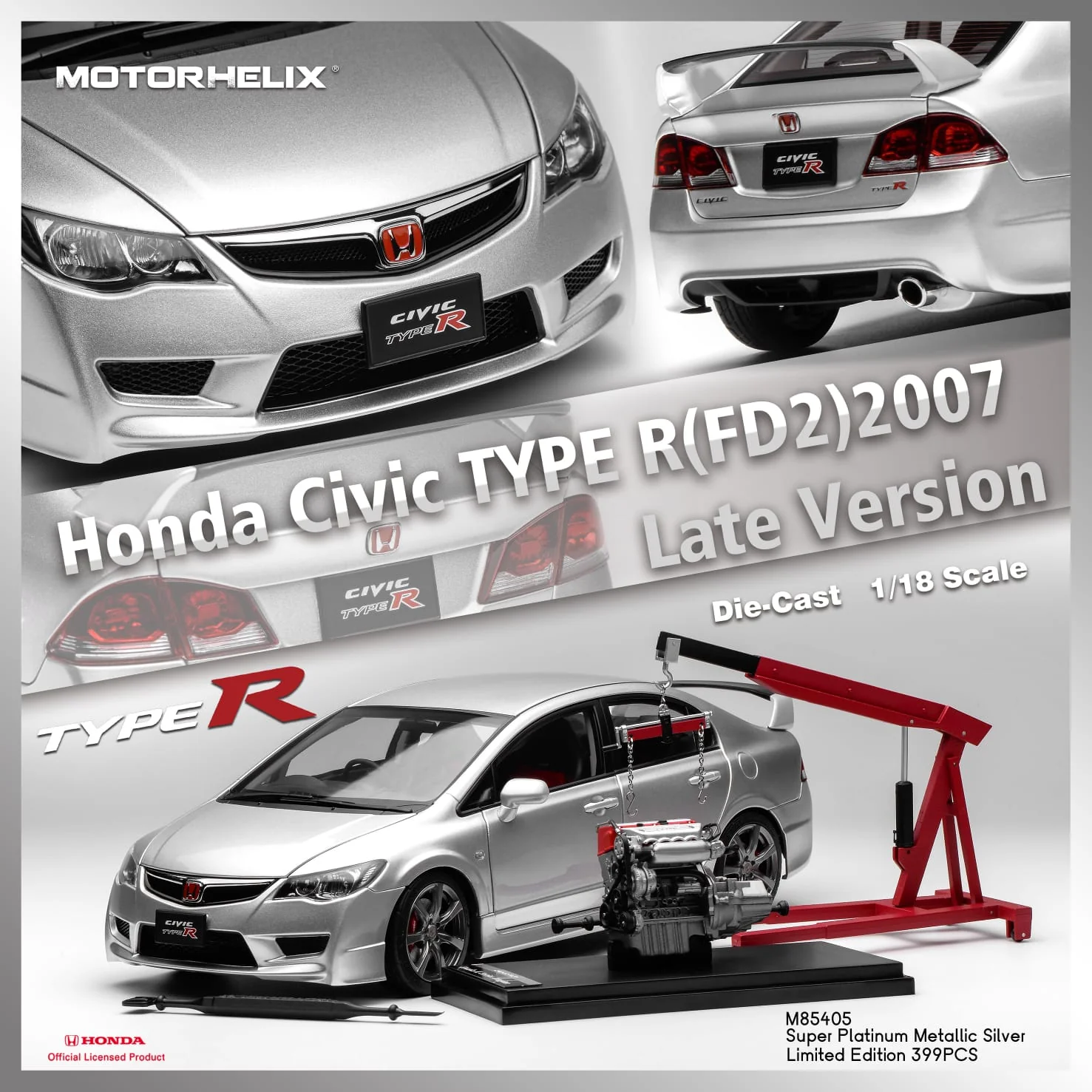 MOTORHELIX 1/18 Honda Civic Type R FD2 2007 Late Version Super Premium Deep Metallic Silver M85405 - Image 4