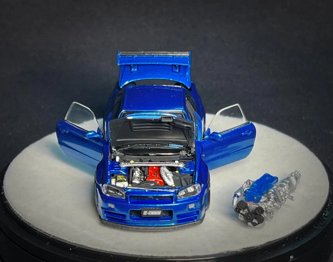 PGM x One Model 1/64 R34 Z Tune Metallic Blue Fully Opened (B) Delux Round Display Box - Image 3