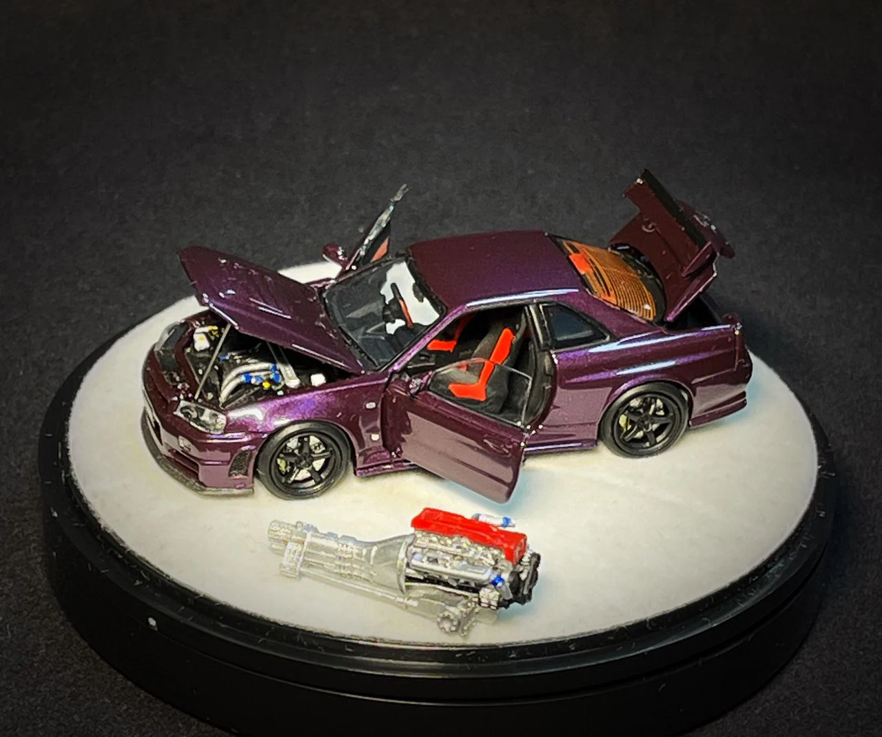 PGM x One Model 1/64 R34 Z Tune Midnight Puprle Fully Opened (B) Delux Round Display Box - Image 6