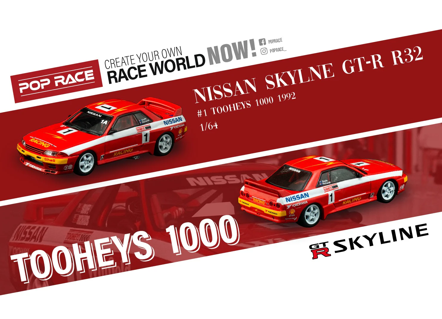 POP RACE x INNO64 1/64 NISSAN SKYLINE GTR R32 #1 Tooheys 1000 1992  (with display case) PR64-R32-92T01 - Image 6