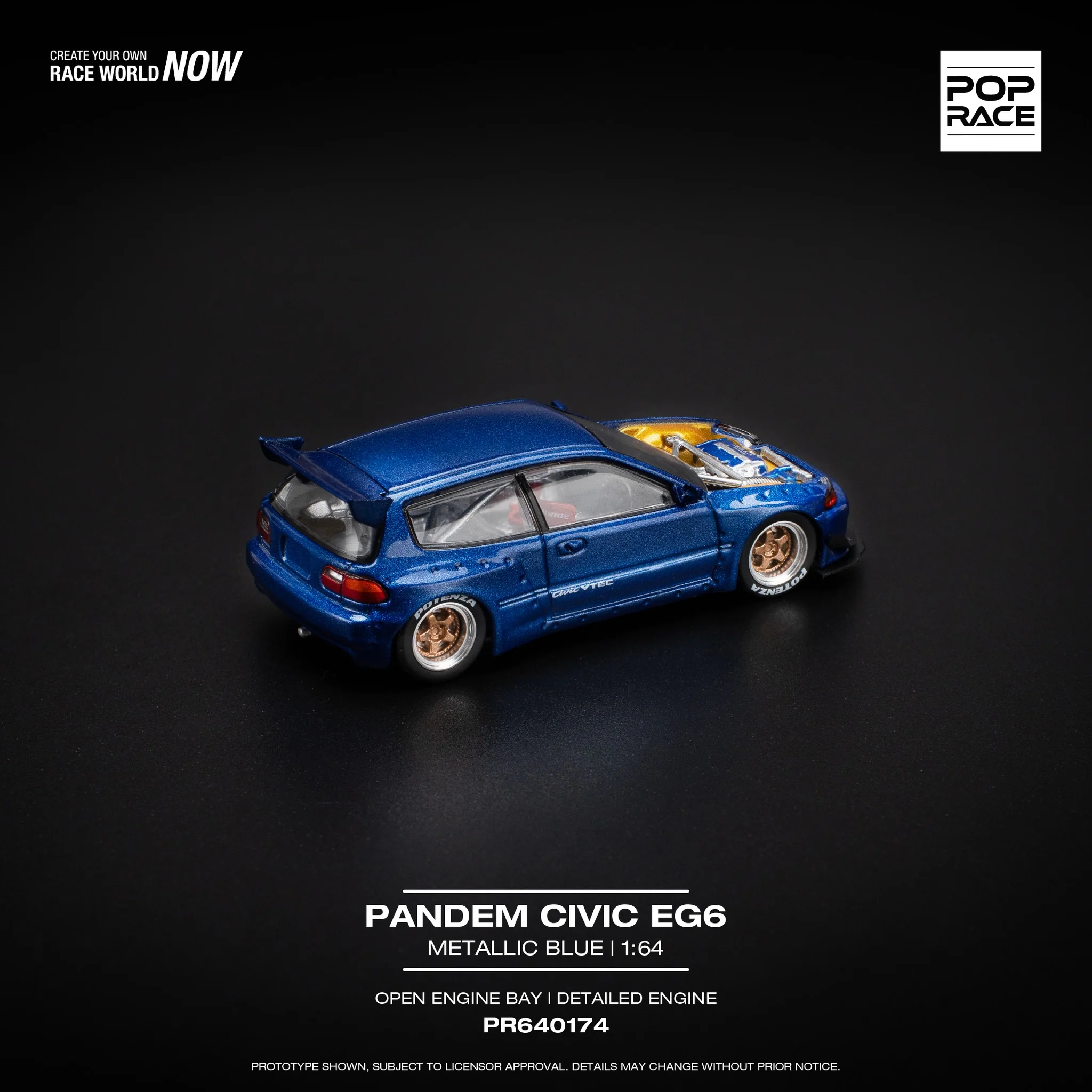 POPRACE 1/64 PANDEM CIVIC EG6 METALLIC BLUE WITH OPEN HOOD PR640174 - Image 2