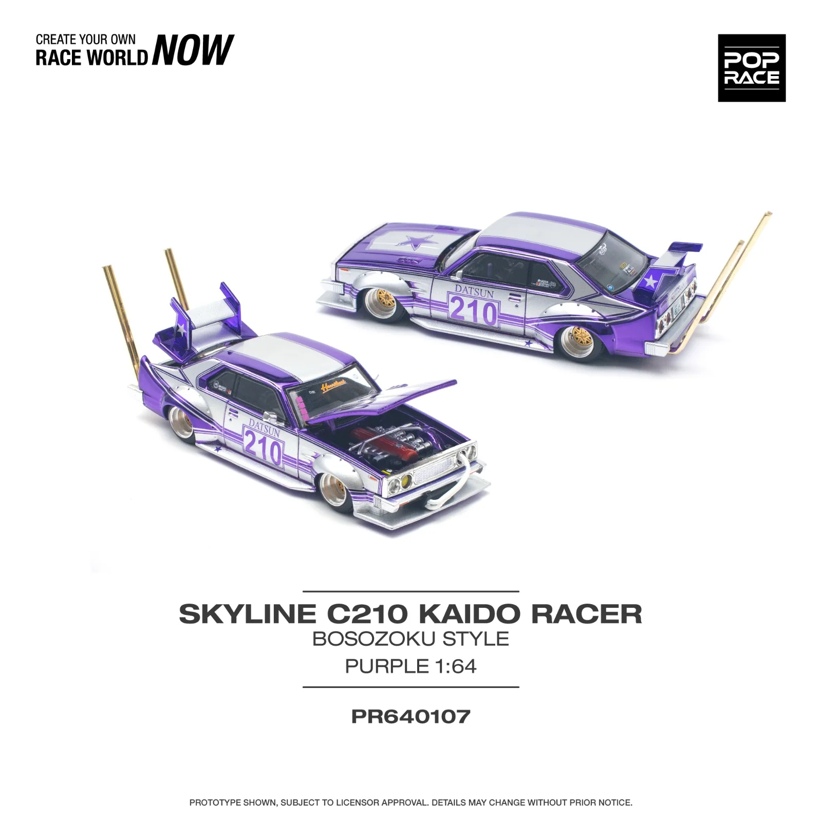 POPRACE 1/64 SKYLINE C210 KAIDO RACER (BOSOZOKU STYLE) PURPLE CHROME/SILVER PR640107