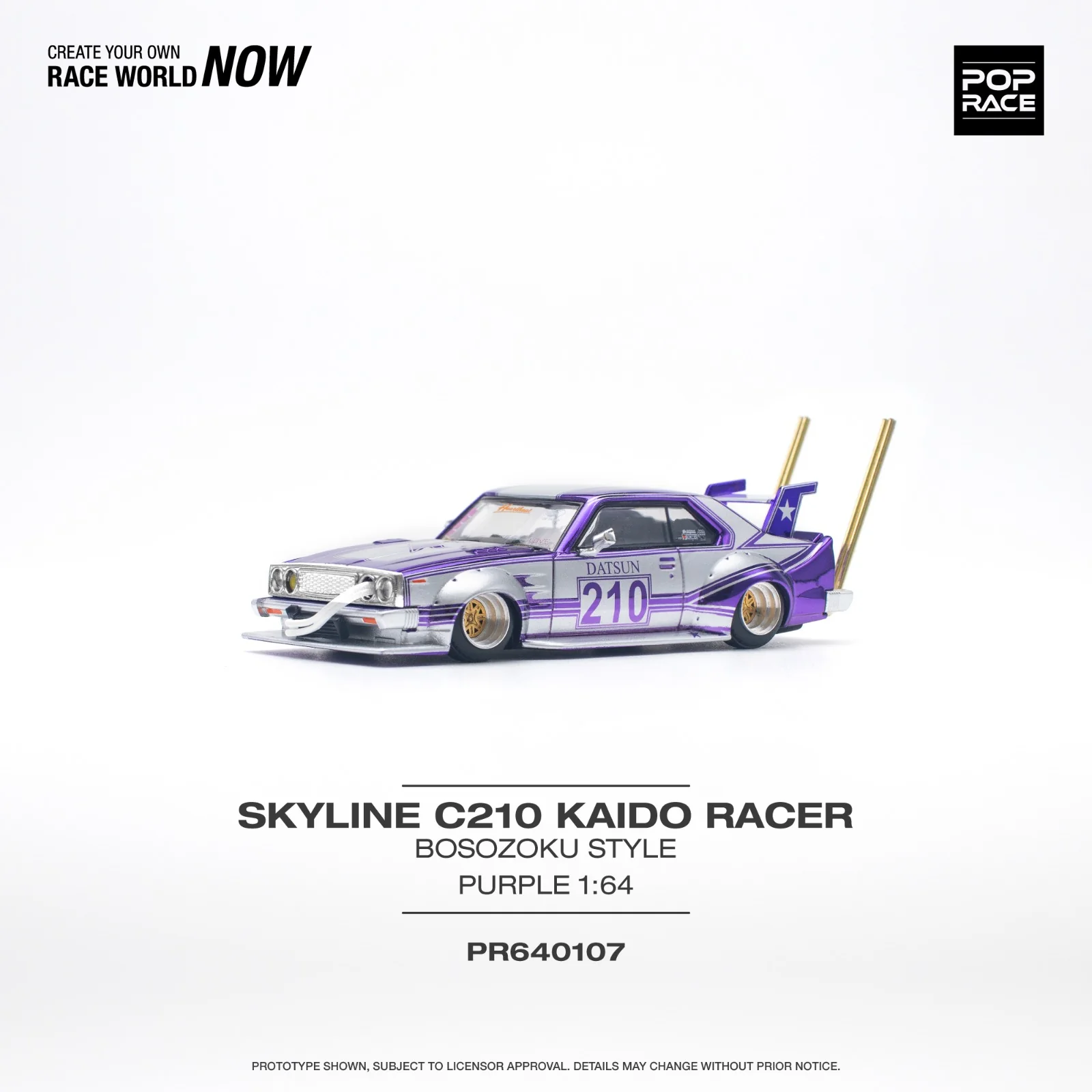 POPRACE 1/64 SKYLINE C210 KAIDO RACER (BOSOZOKU STYLE) PURPLE CHROME/SILVER PR640107 - Image 2