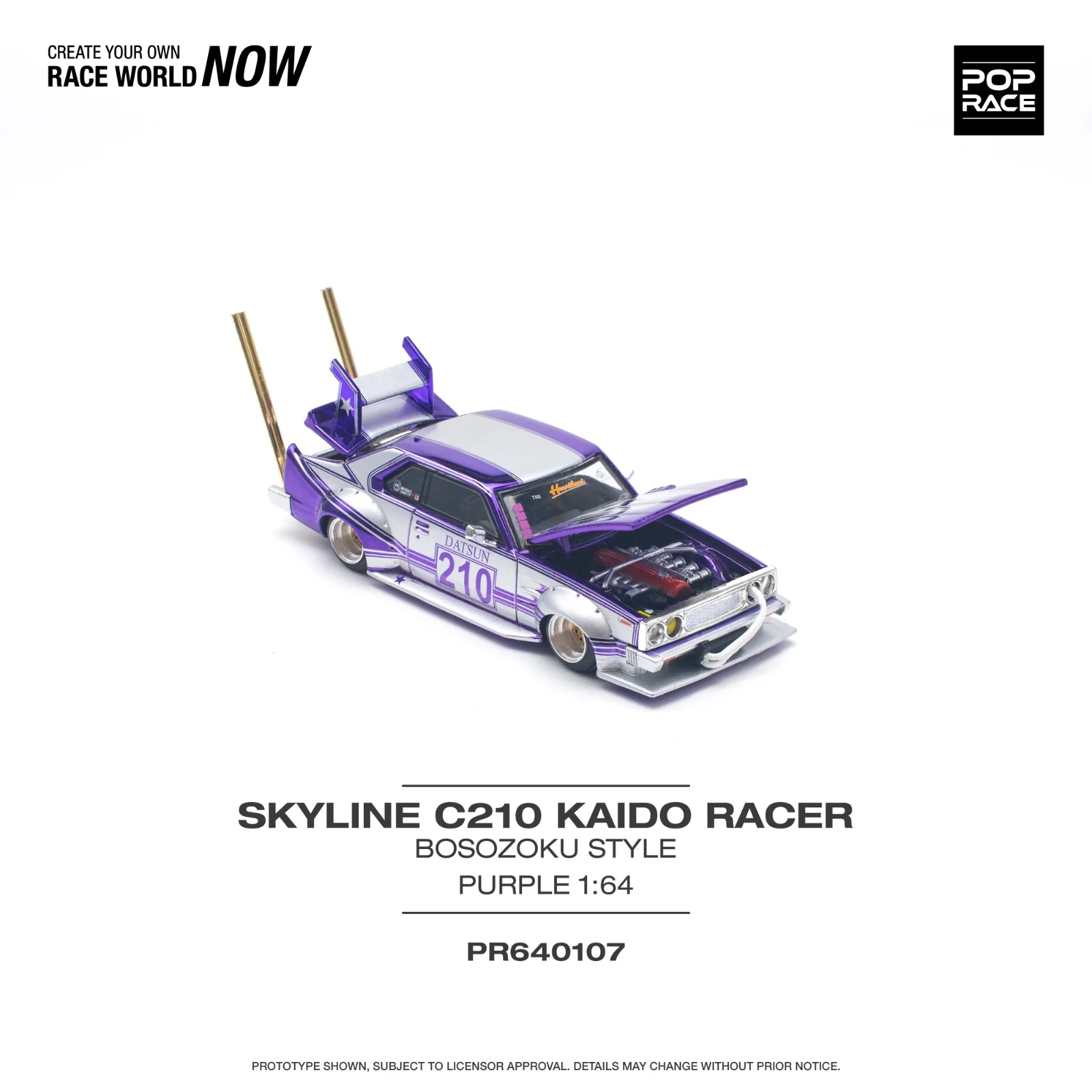 POPRACE 1/64 SKYLINE C210 KAIDO RACER (BOSOZOKU STYLE) PURPLE CHROME/SILVER PR640107 - Image 3