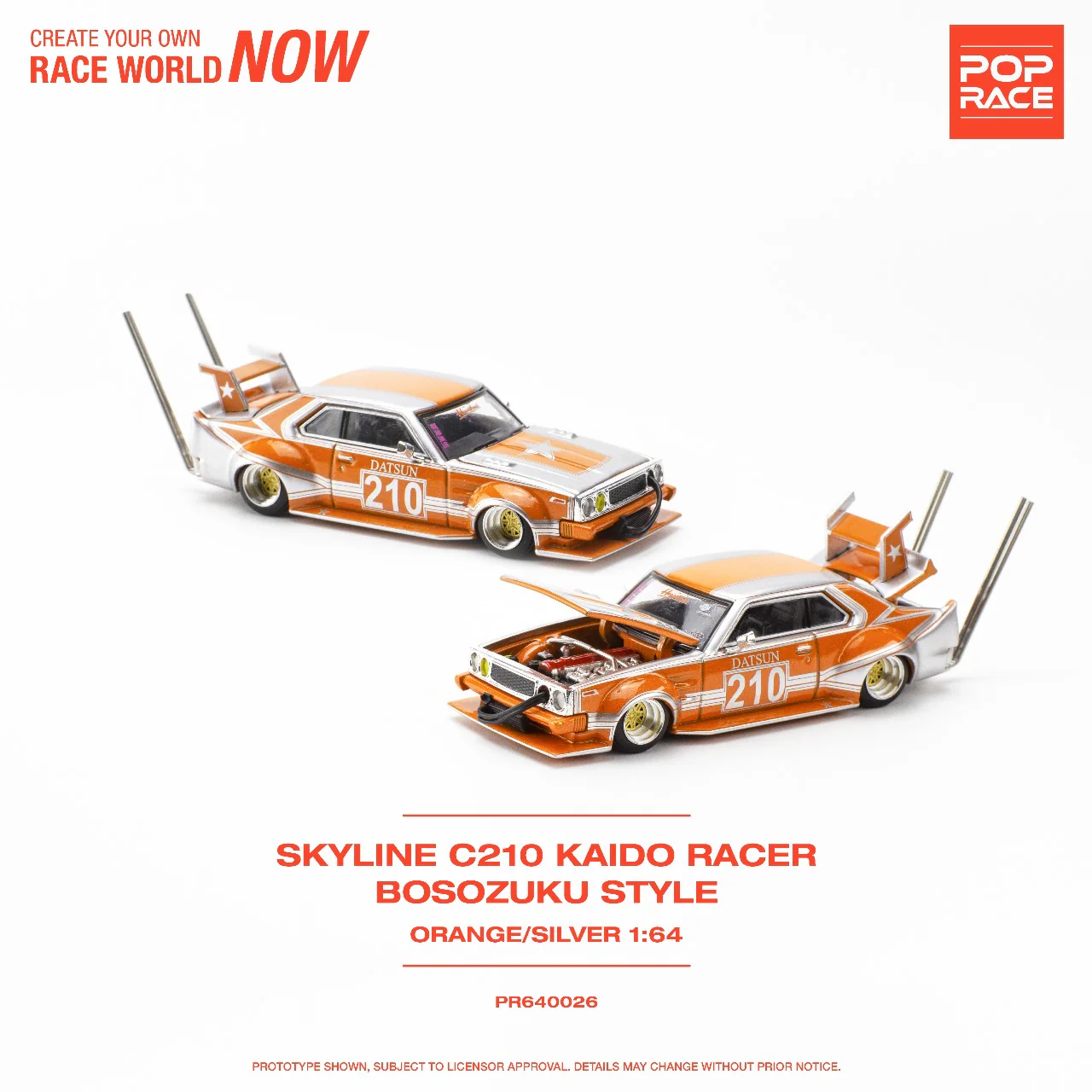 POPRACE 1/64 Skyline C210 Kaido Racer - Bosozoku Style Silver/Orange PR640026
