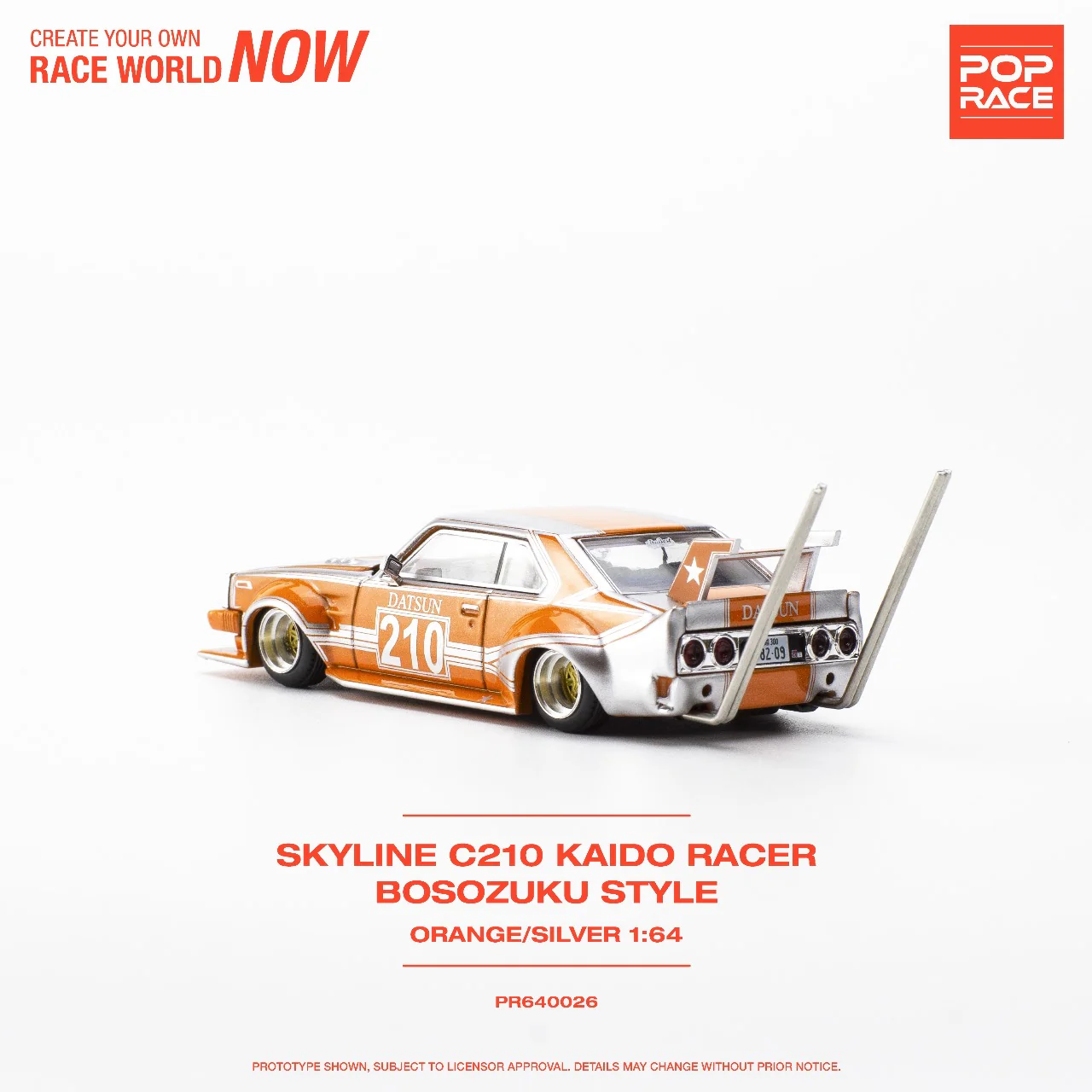 POPRACE 1/64 Skyline C210 Kaido Racer - Bosozoku Style Silver/Orange PR640026 - Image 2