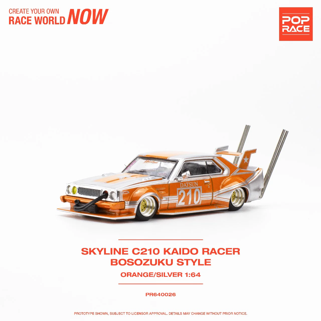 POPRACE 1/64 Skyline C210 Kaido Racer - Bosozoku Style Silver/Orange PR640026 - Image 3