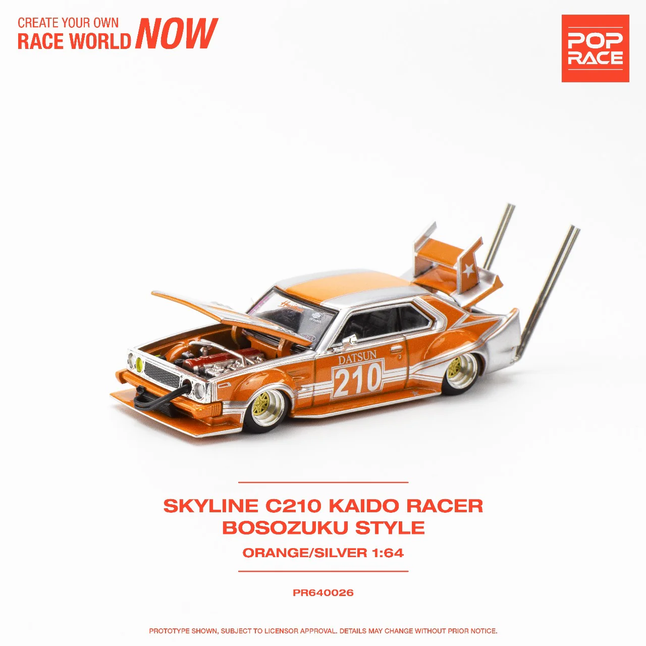 POPRACE 1/64 Skyline C210 Kaido Racer - Bosozoku Style Silver/Orange PR640026 - Image 4