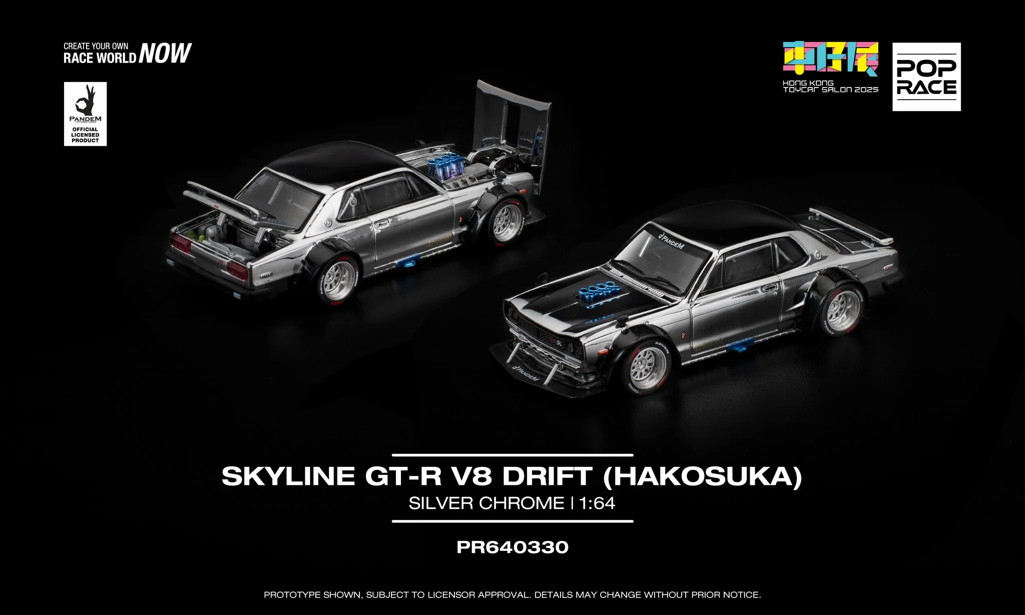 POPRACE 1/64 SKYLINE GT-R V8 DRIFT (HAKOSUKA) SILVER CHROME (HK TOYCAR SALON 2025 Special Release) PR640330 - Image 2