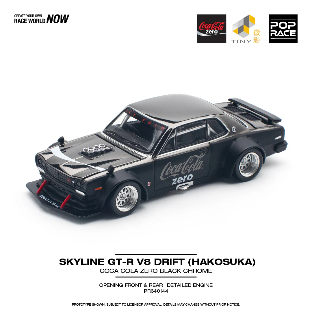 POPRACE 1/64 SKYLINE GT-R V8 DRIFT (HAKOSUKA) COCA COLA ZERO CHROME BLACK PR640144 - Image 2