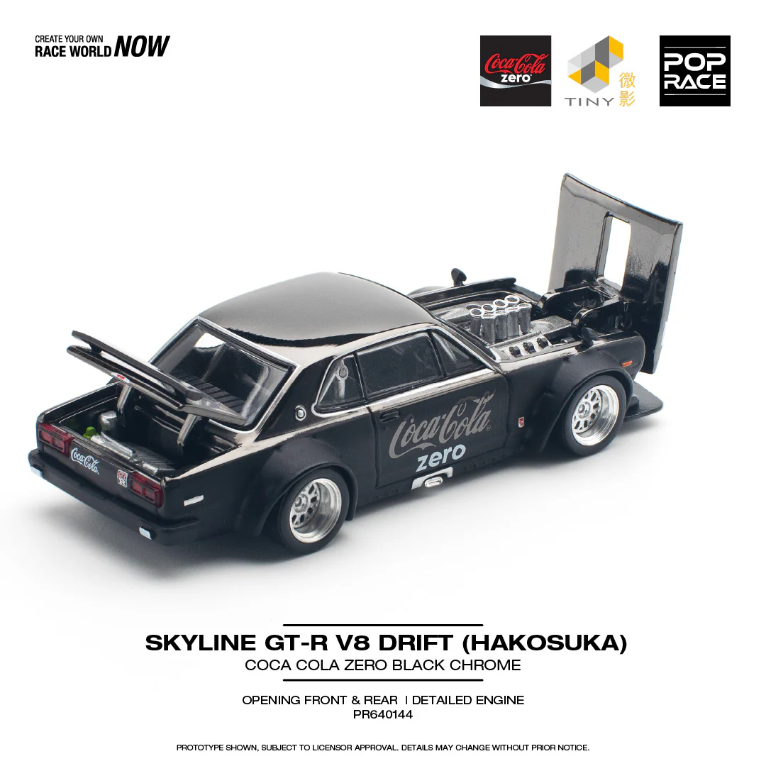 POPRACE 1/64 SKYLINE GT-R V8 DRIFT (HAKOSUKA) COCA COLA ZERO CHROME BLACK PR640144 - Image 3