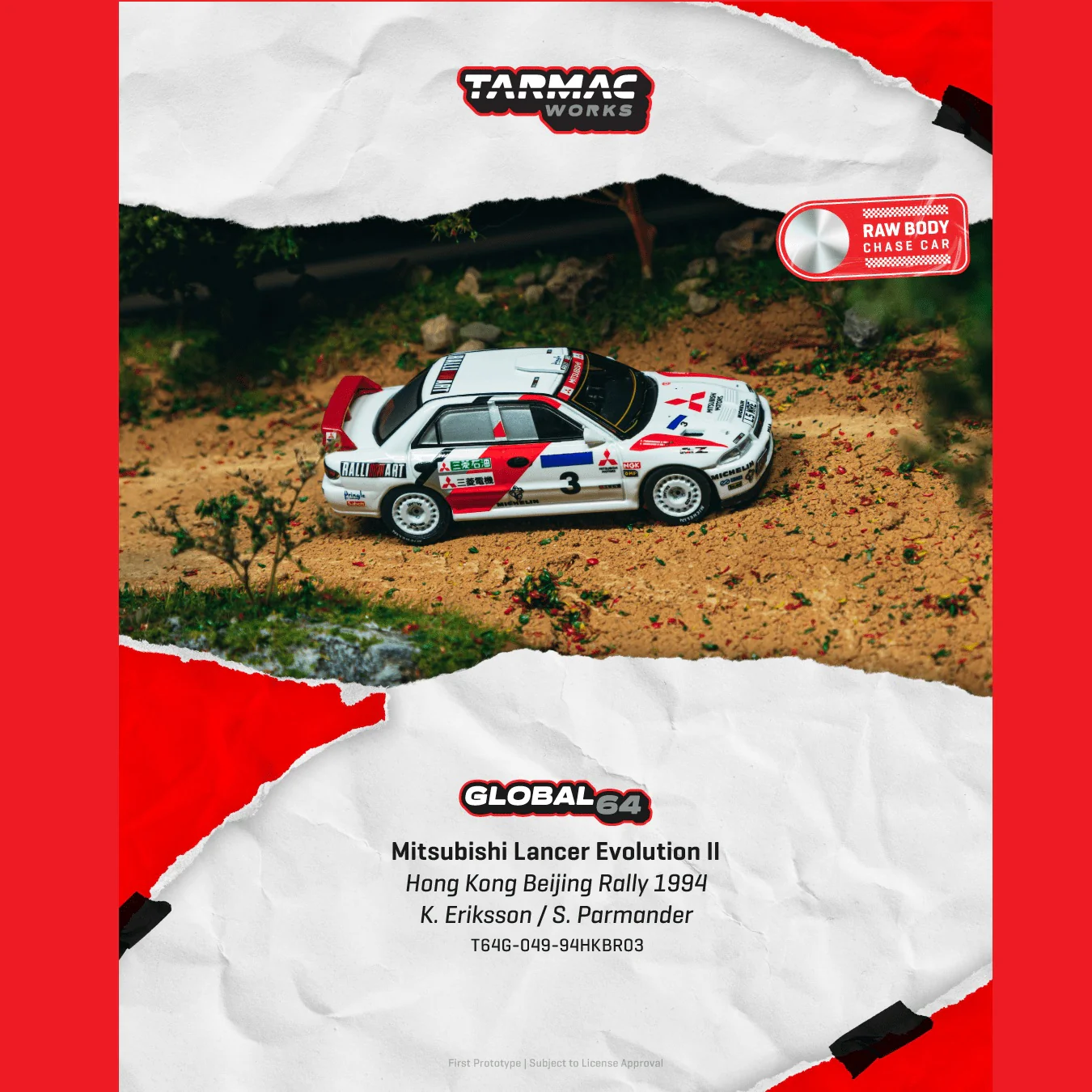 PREORDER TARMAC GLOBAL64 1/64 Mitsubishi Lancer Evolution II Hong Kong Beijing Rally 1994 K. Eriksson / S. Parmander T64G-049-94HKBR03 (Approx. Release Date : JUNE 2026 subject to manufacturer's final decision)