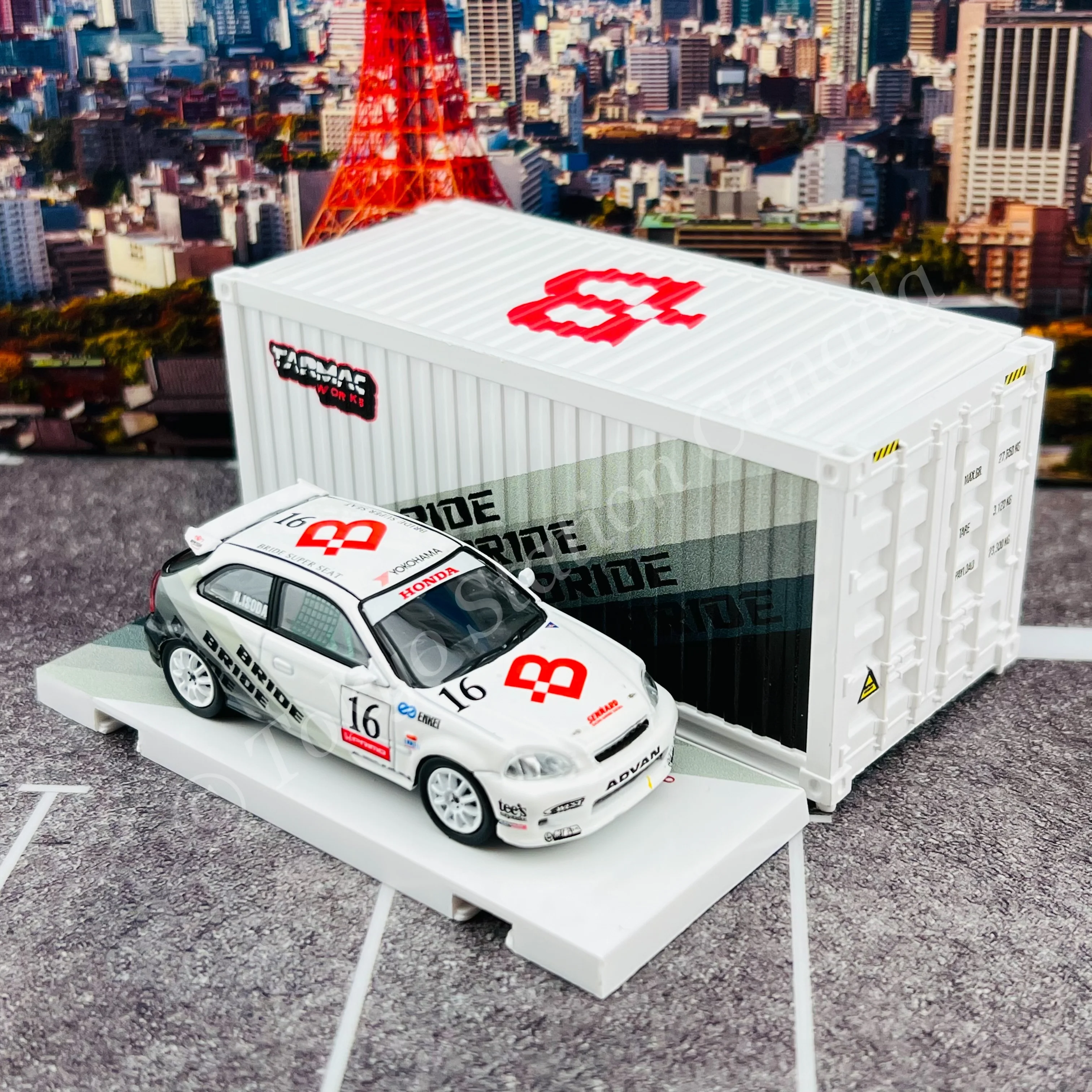 TARMAC WORKS 1/64 HOBBY64 Honda Civic Type R EK9 BRIDE with Container T64-TL010-BR - Image 4