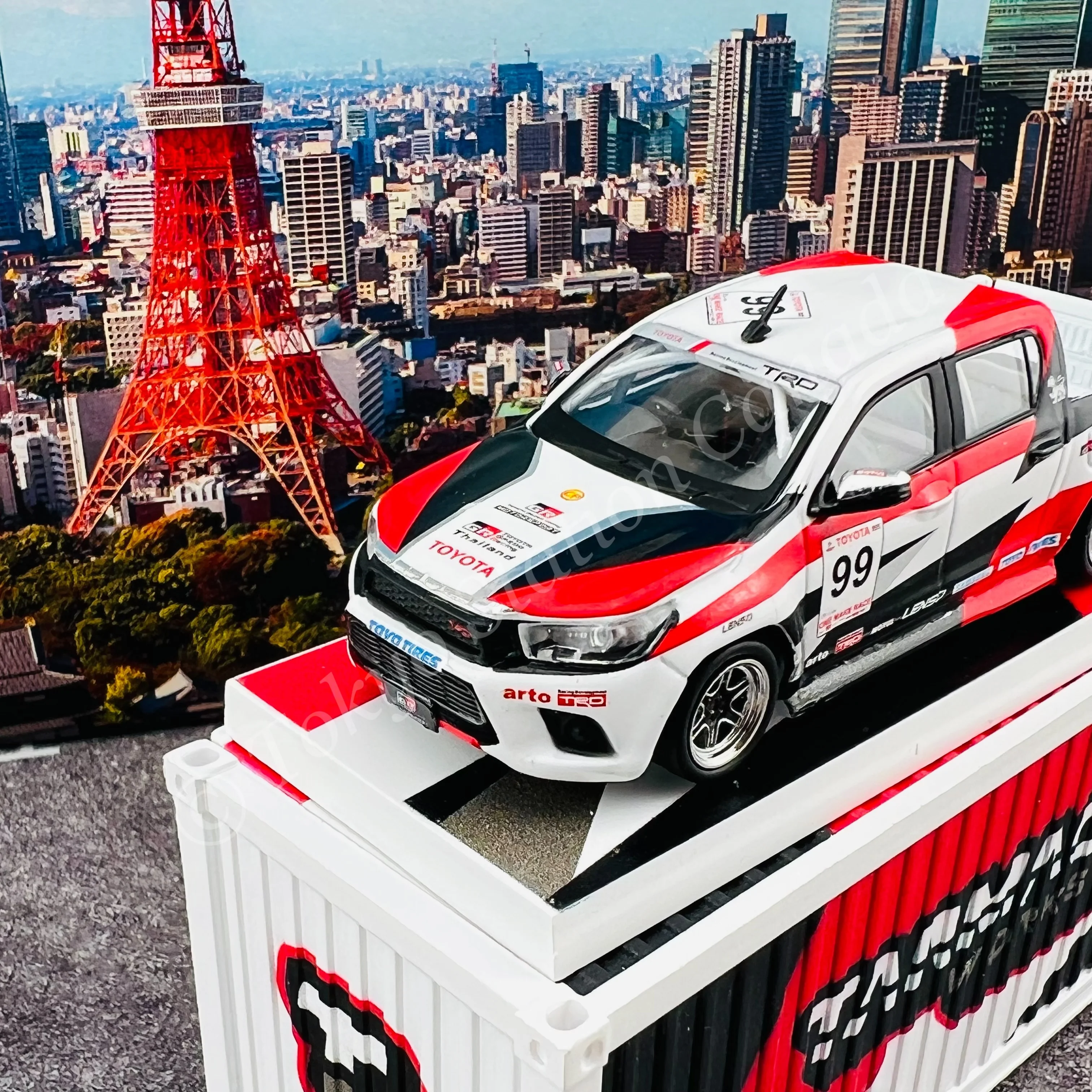TARMAC WORKS 1/64 HOBBY64 Toyota Hilux Revo One Make Race with Container T64-041-GR - Image 2