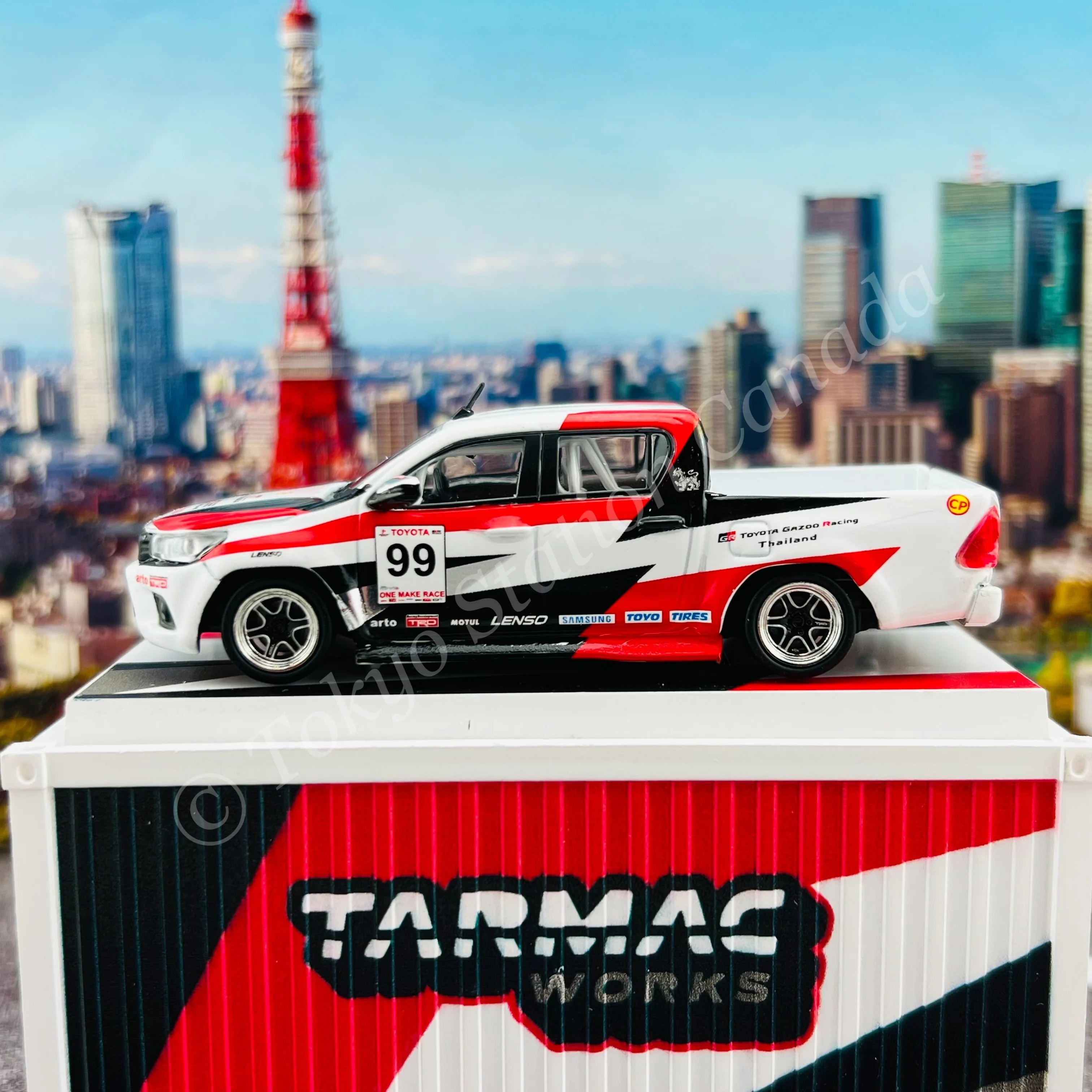 TARMAC WORKS 1/64 HOBBY64 Toyota Hilux Revo One Make Race with Container T64-041-GR - Image 3