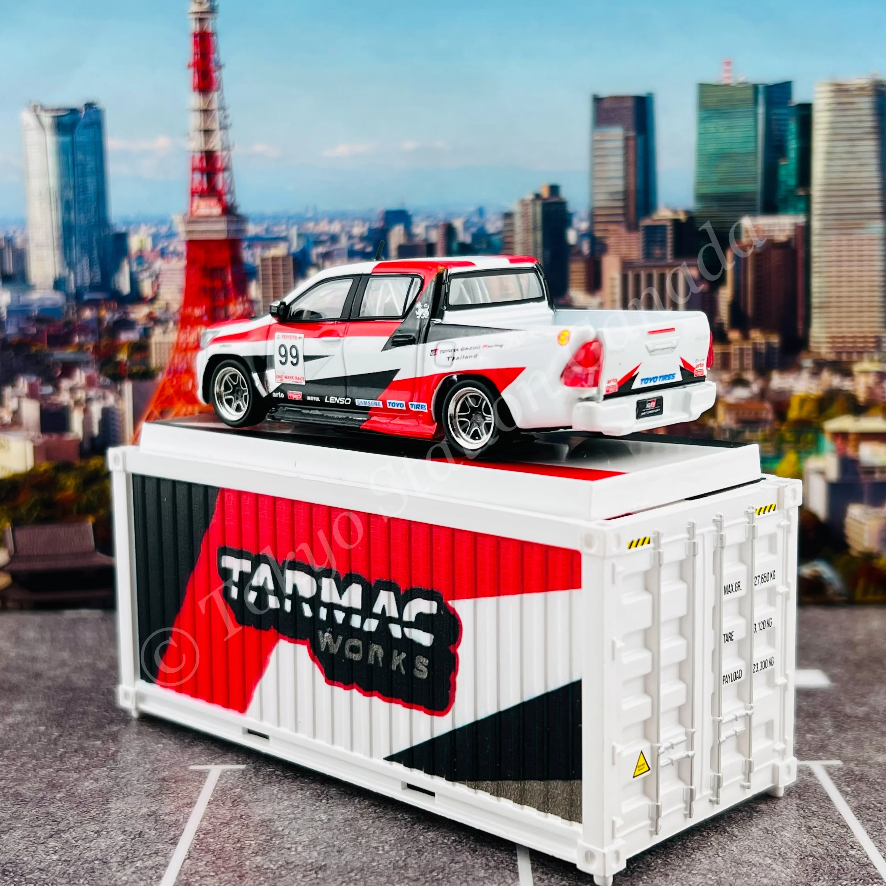 TARMAC WORKS 1/64 HOBBY64 Toyota Hilux Revo One Make Race with Container T64-041-GR - Image 4