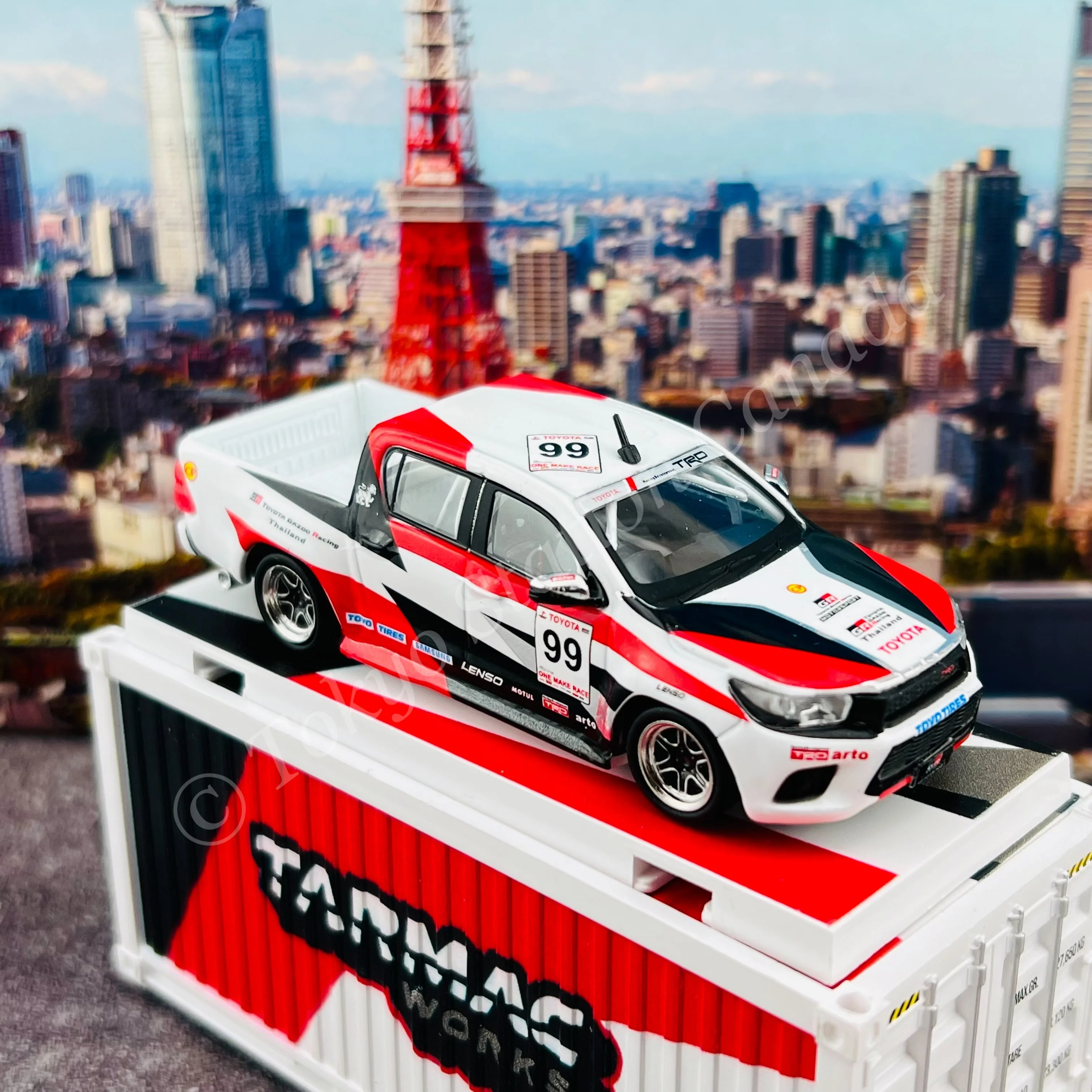 TARMAC WORKS 1/64 HOBBY64 Toyota Hilux Revo One Make Race with Container T64-041-GR - Image 5