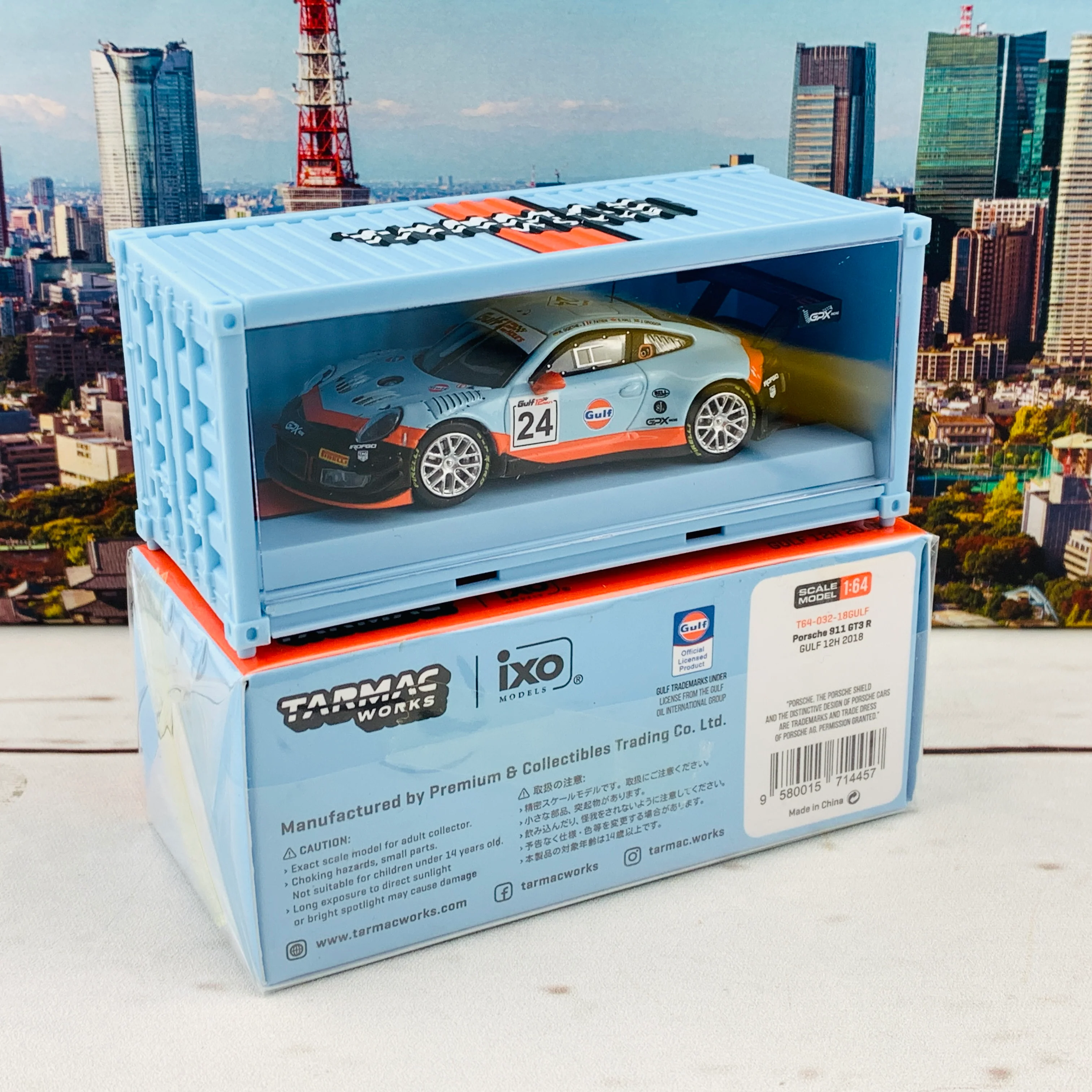 Tarmac Works 1/64 Porsche 911 GT3 R (991) GULF 12h 2018  Goethe / Hall / Fatien / Grogor *** With Container ***  T64-032-18GULF - Image 6