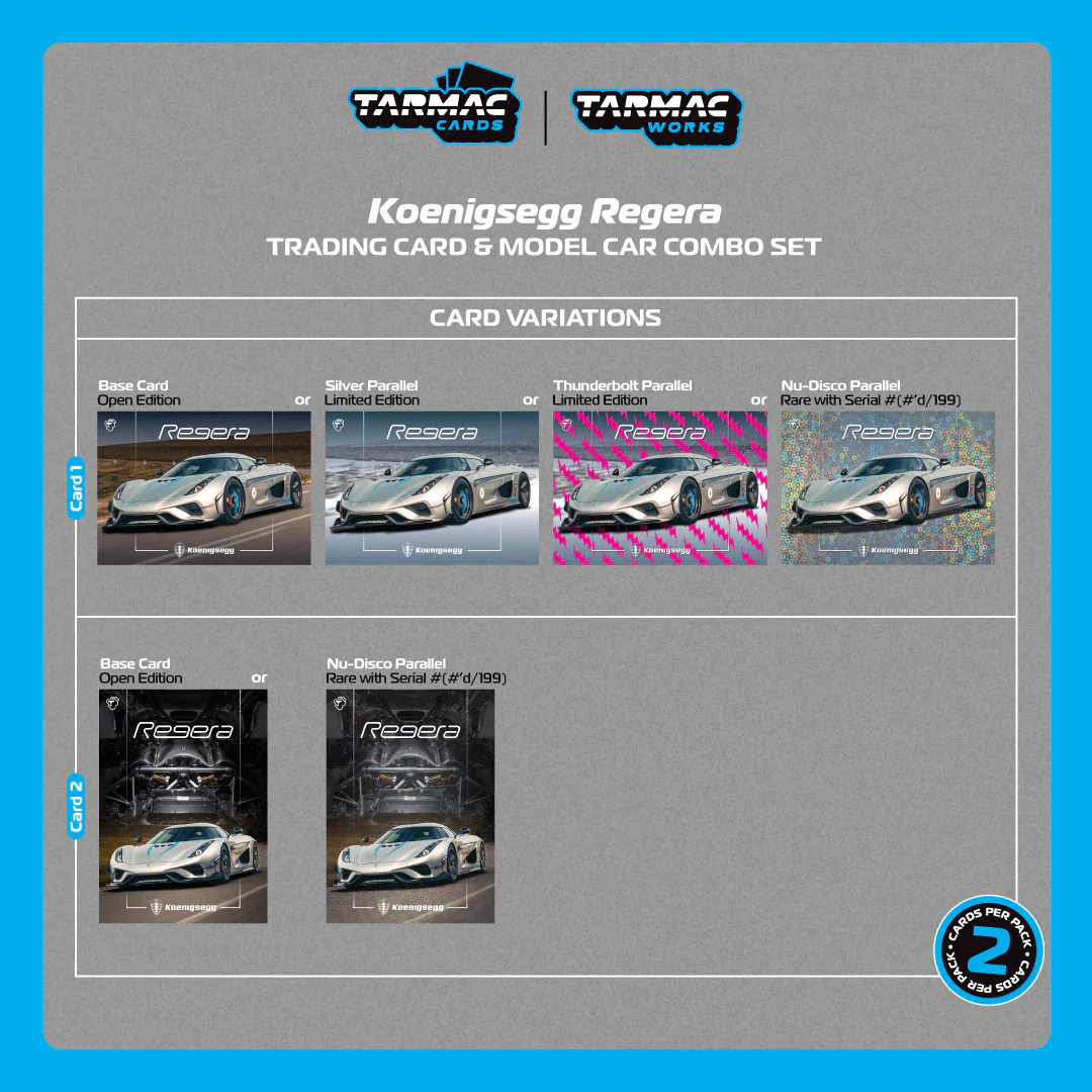 TARMAC WORKS GLOBAL64 1/64 Koenigsegg Regera  Silver Metallic / Blue Accents Model Car + Trading Cards Combo Set T64G-TL017-SL - Image 2