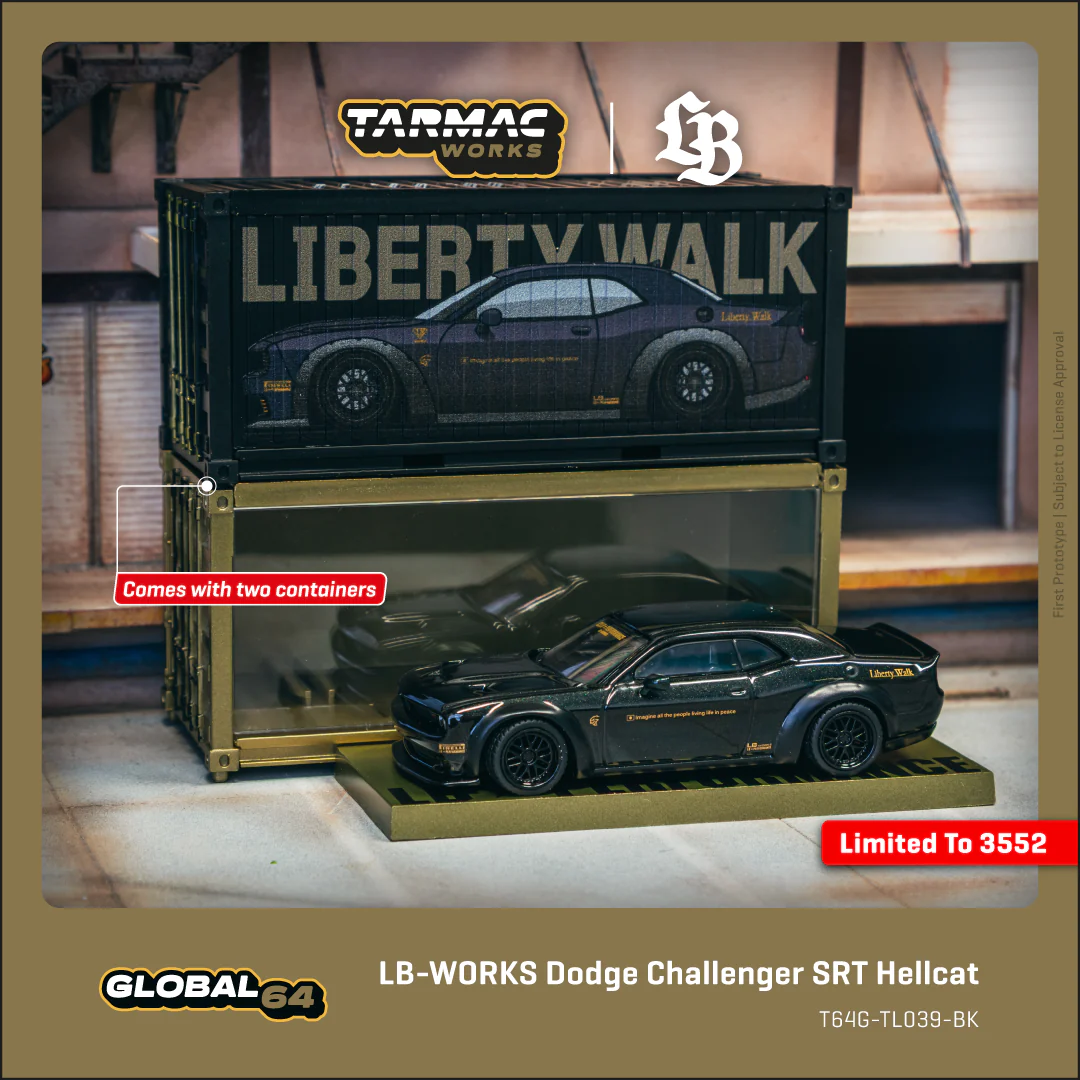 TARMAC WORKS GLOBAL64 1/64 LB-WORKS Dodge Challenger SRT Hellcat Black Metallic with 2 containers T64G-TL039-BK ** LIMIT ONE PER CUSTOMER **