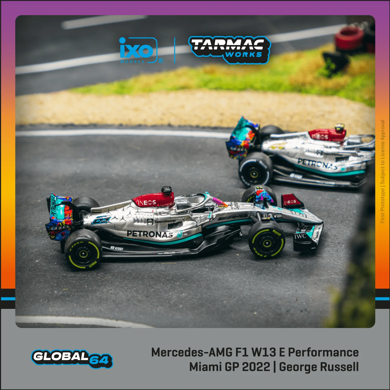 TARMAC WORKS GLOBAL64 1/64 Mercedes-AMG F1 W13 E Performance Miami Grand Prix 2022 George Russell T64G-F044-GR2 MIJO Version - Image 3