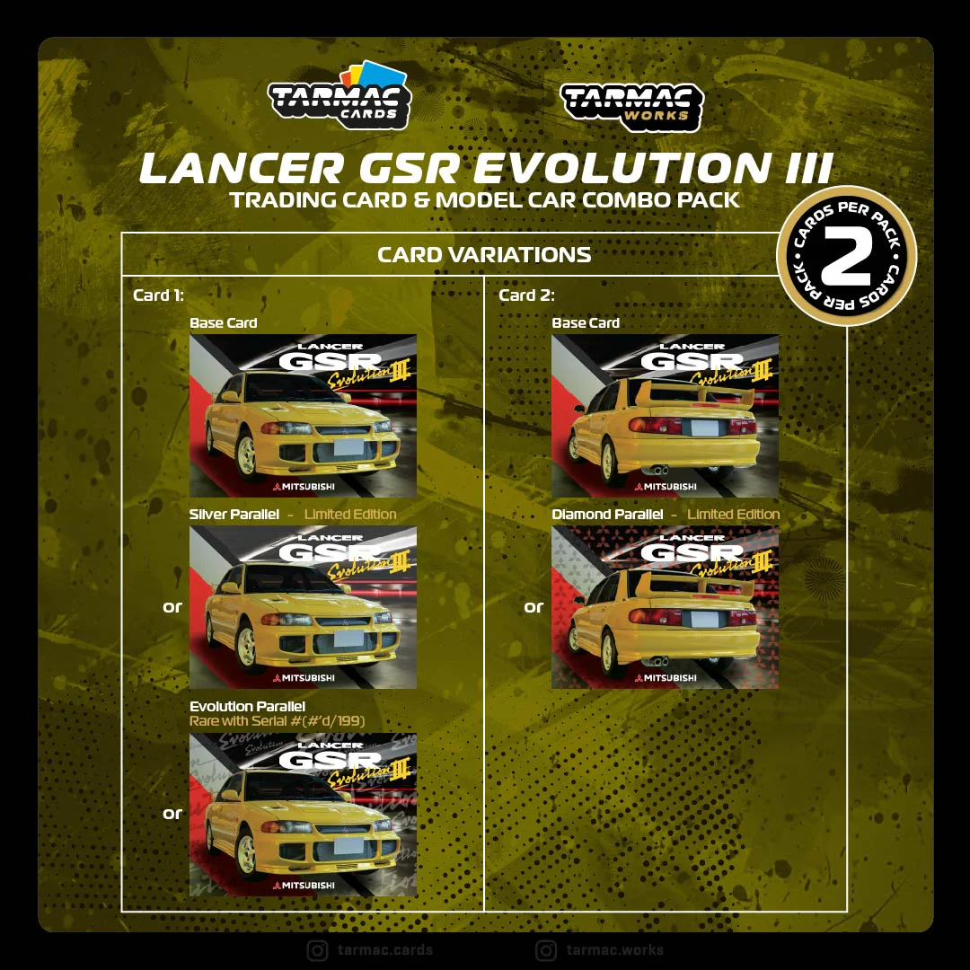 TARMAC WORKS GLOBAL64 1/64 Mitsubishi Lancer GSR Evolution III Yellow Model Car + Trading Cards Combo Set T64G-050-YL - Image 2