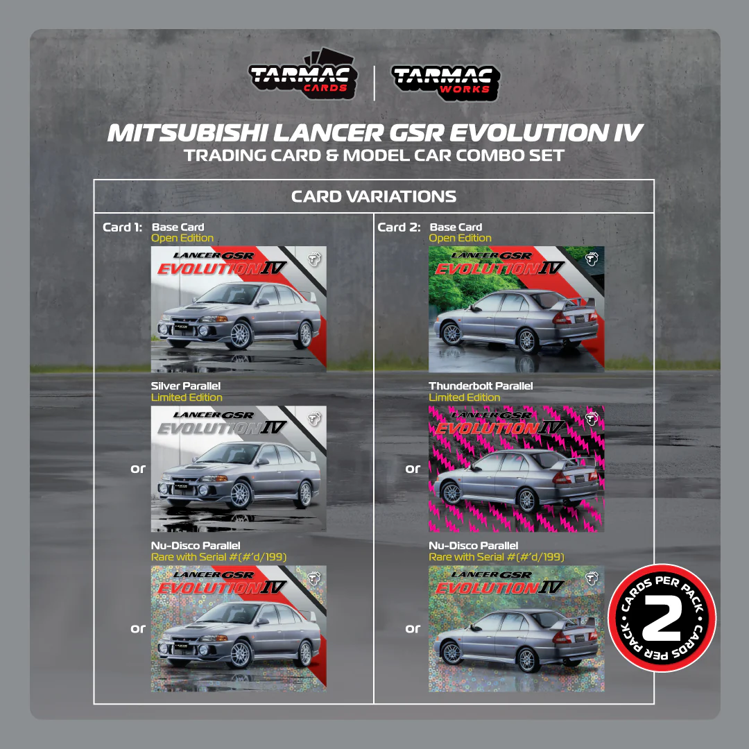 TARMAC WORKS GLOBAL64 1/64 Mitsubishi Lancer GSR Evolution IV Silver Model Car + Trading Cards Combo Set T64G-076-SL - Image 2