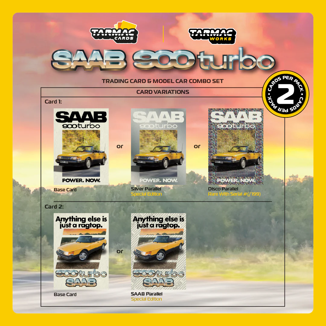 TARMAC WORKS GLOBAL64 1/64 Saab 900 Turbo Convertible Yellow Model Car + Trading Cards Combo Set T64G-067-YE - Image 2