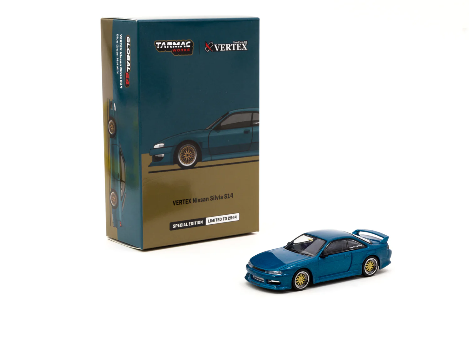 TARMAC WORKS GLOBAL64 1/64 Tarmac Works VERTEX Nissan Silvia S14 Blue Green Metallic T64G-018-GR - Image 2