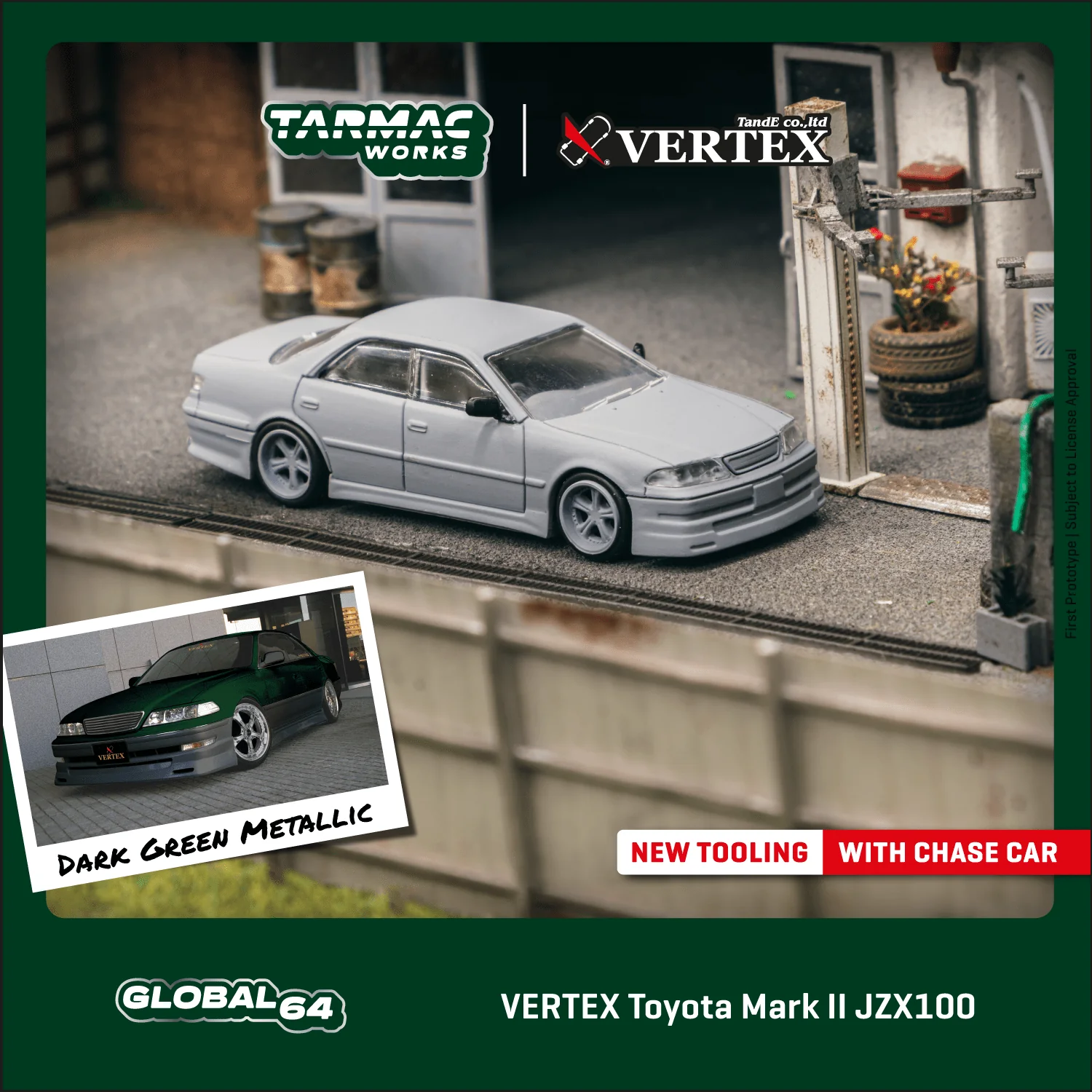 TARMAC WORKS GLOBAL64 1/64 VERTEX Toyota Mark II JZX100 Dark Green Metallic T64G-024-GR - Image 2