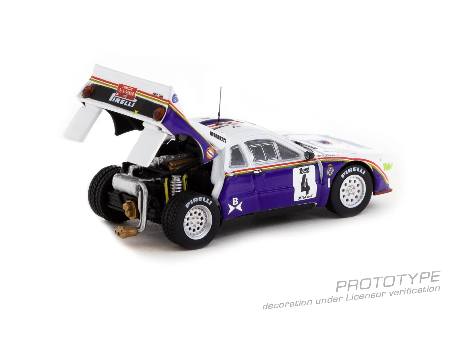TARMAC WORKS HOBBY64+ 1/64 Lancia 037 Rally Rally Costa Brava 1985 S. Servià / J. Sabater with opening rear bonnet and painted engine T64P-TL002-85RCB04 - Image 3