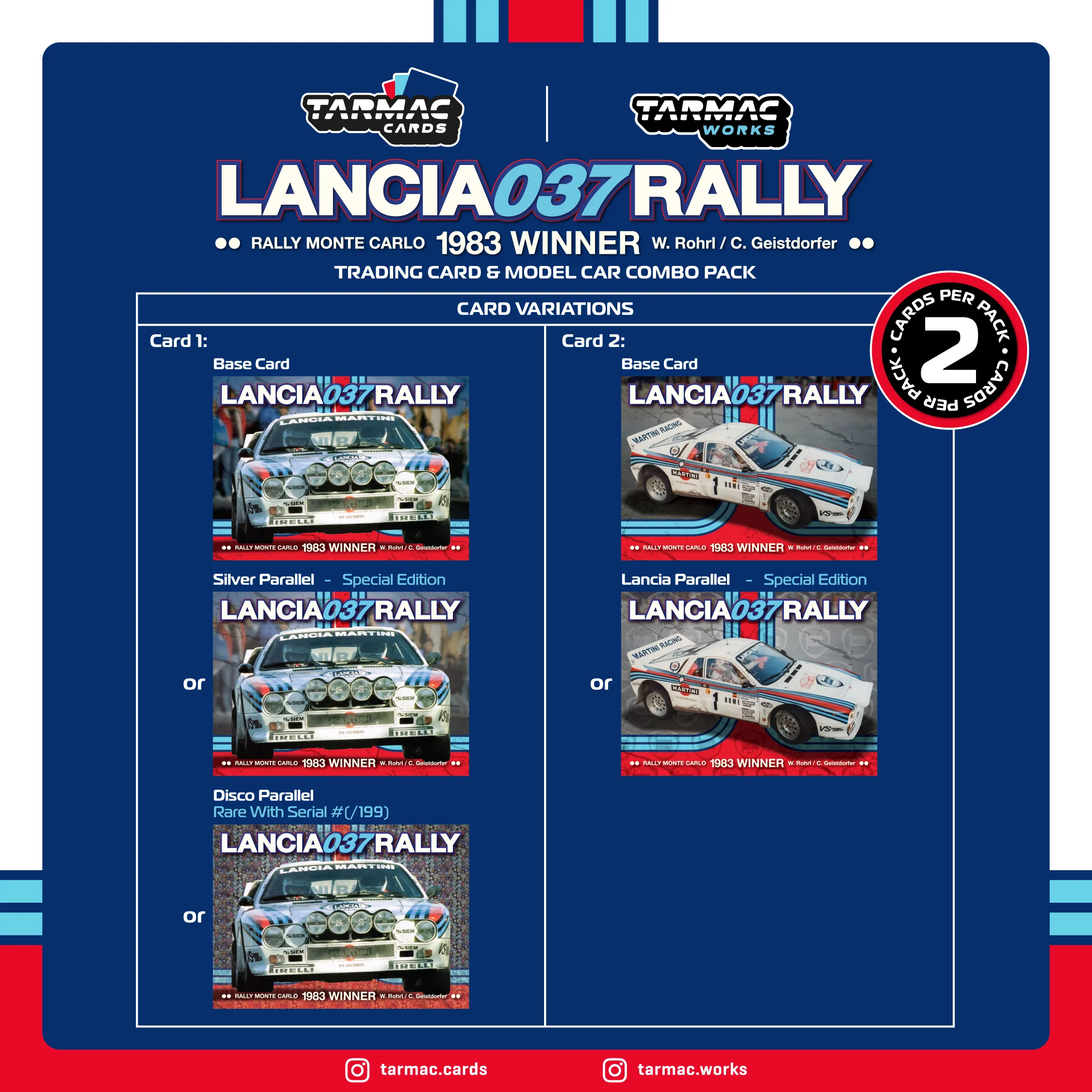 TARMAC WORKS HOBBY64+ 1/64 Lancia 037 Rally Rally Monte Carlo 1983 Winner W. Rohrl / C. Geistdorfer Model Car + Trading Cards Combo Set T64P-TL002-83RMC01 - Image 2