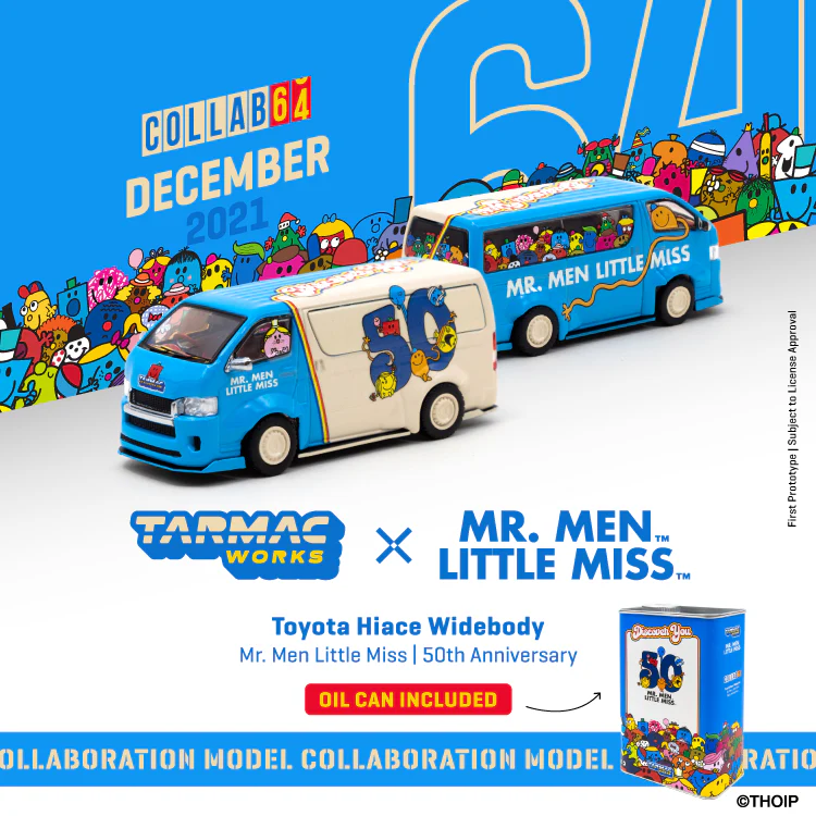 TARMAC WORKS COLLAB64 Toyota Hiace Widebody Mr. Men Little Miss 50th Anniversary with Metal Oil Can T64-038-MR - Image 6