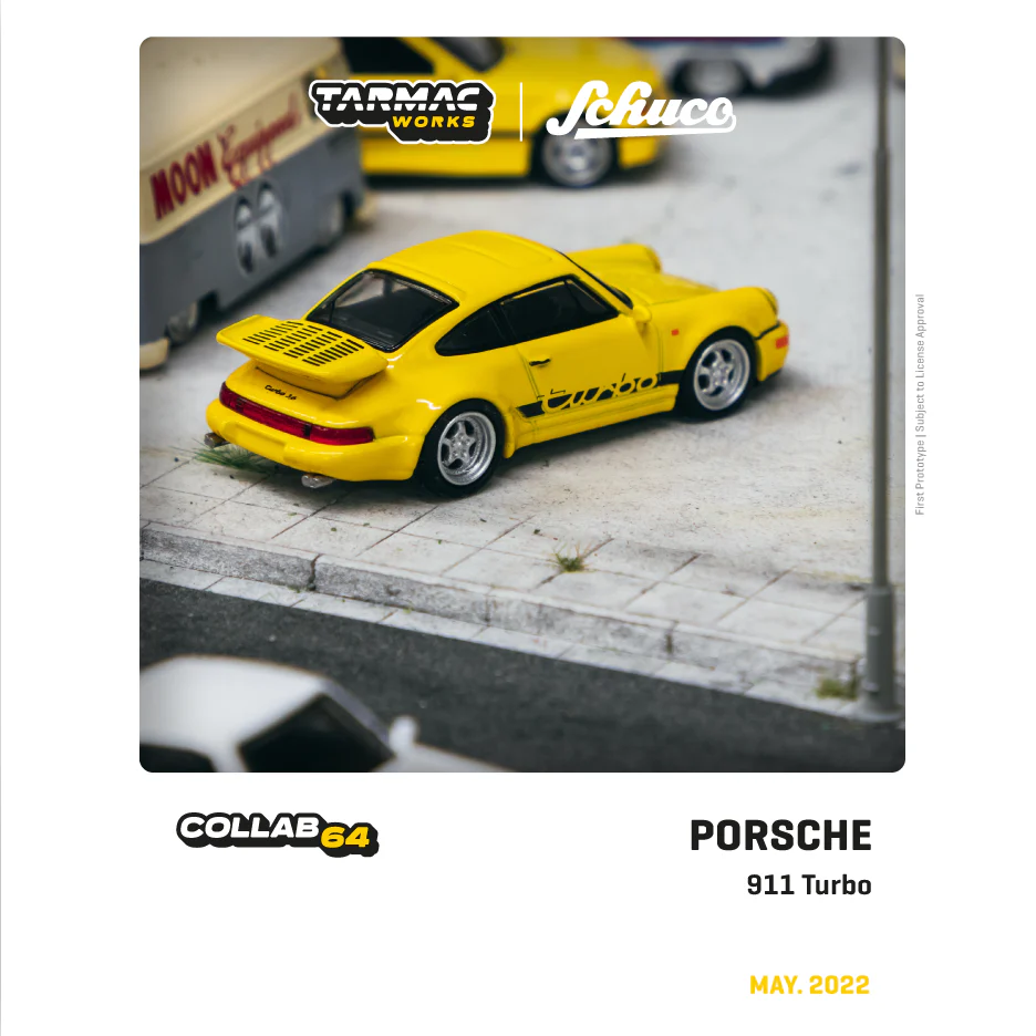 TARMAC WORKS x Schuco COLLAB64 1/64 Porsche 911 Turbo Yellow T64S-009-YL - Image 2