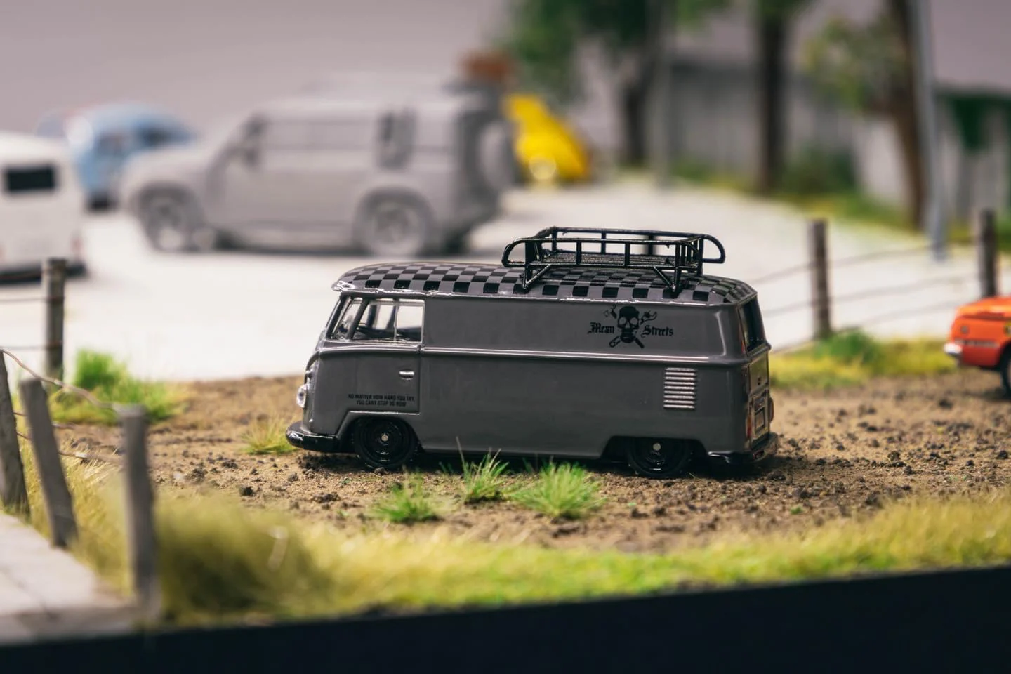 Tarmac Works x Schuco COLLAB64 1/64 Volkswagen T1 Panel Van Mean Streets Special Edition with metal oil can and special paper box T64S-005-FAT - Image 2