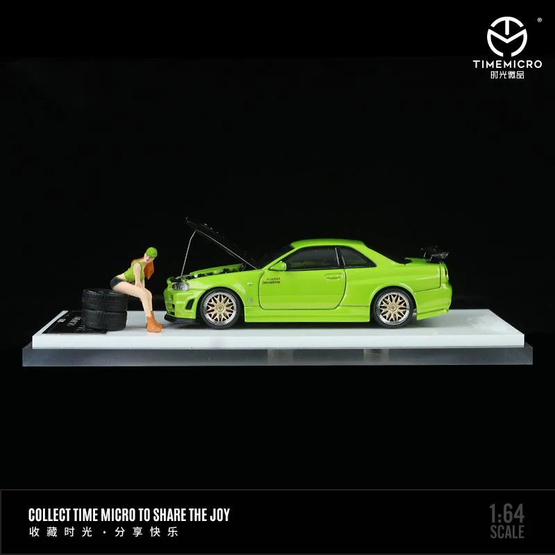 TIME MICRO 1/64 Nissan GTR R34 Green with Carbon Bonnet and Figurine - Image 2